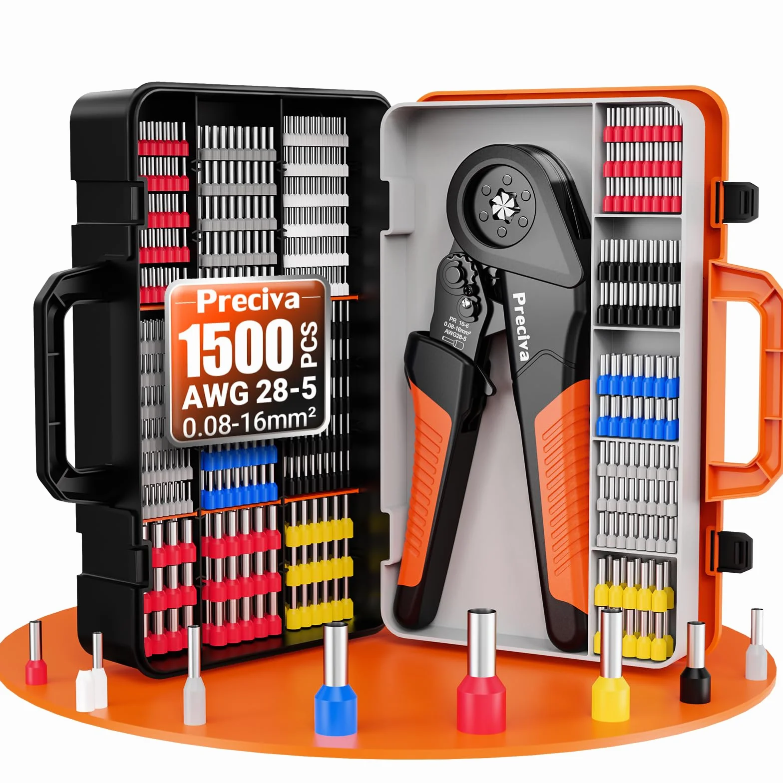 Preciva Crimpadora Terminales Electricos 0,08-16 mm² con 1500 casquillos, Juego de alicates de corte, ajustables, para la industria, Alicates de corte bricolaje