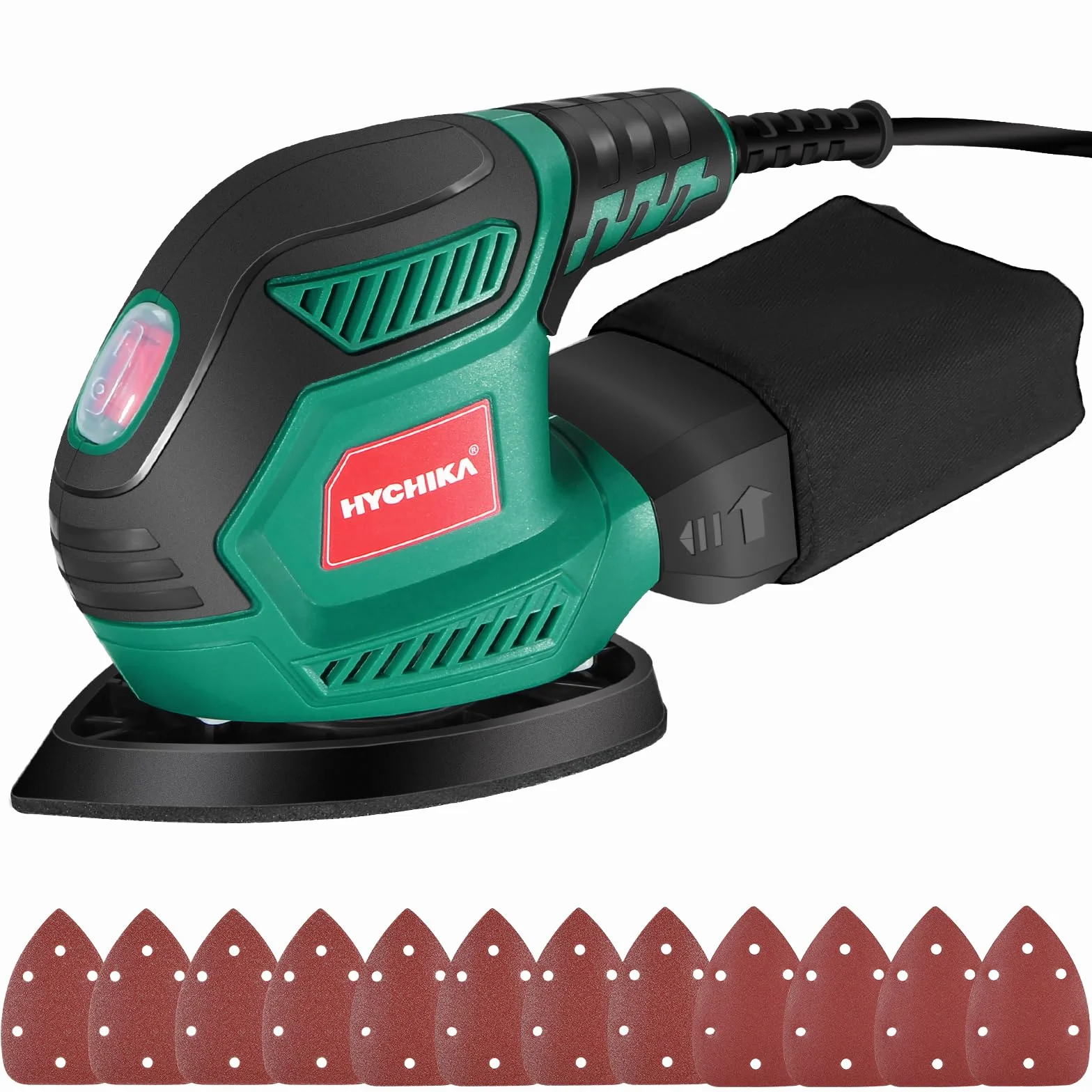 HYCHIKA Lijadora Eléctrica 200W 14000RPM con Motor de Cobre Puro, Recogida de Polvo, 12 Piezas Lija (240/120/80 Grano), Lijadora Mouse para Esquinas