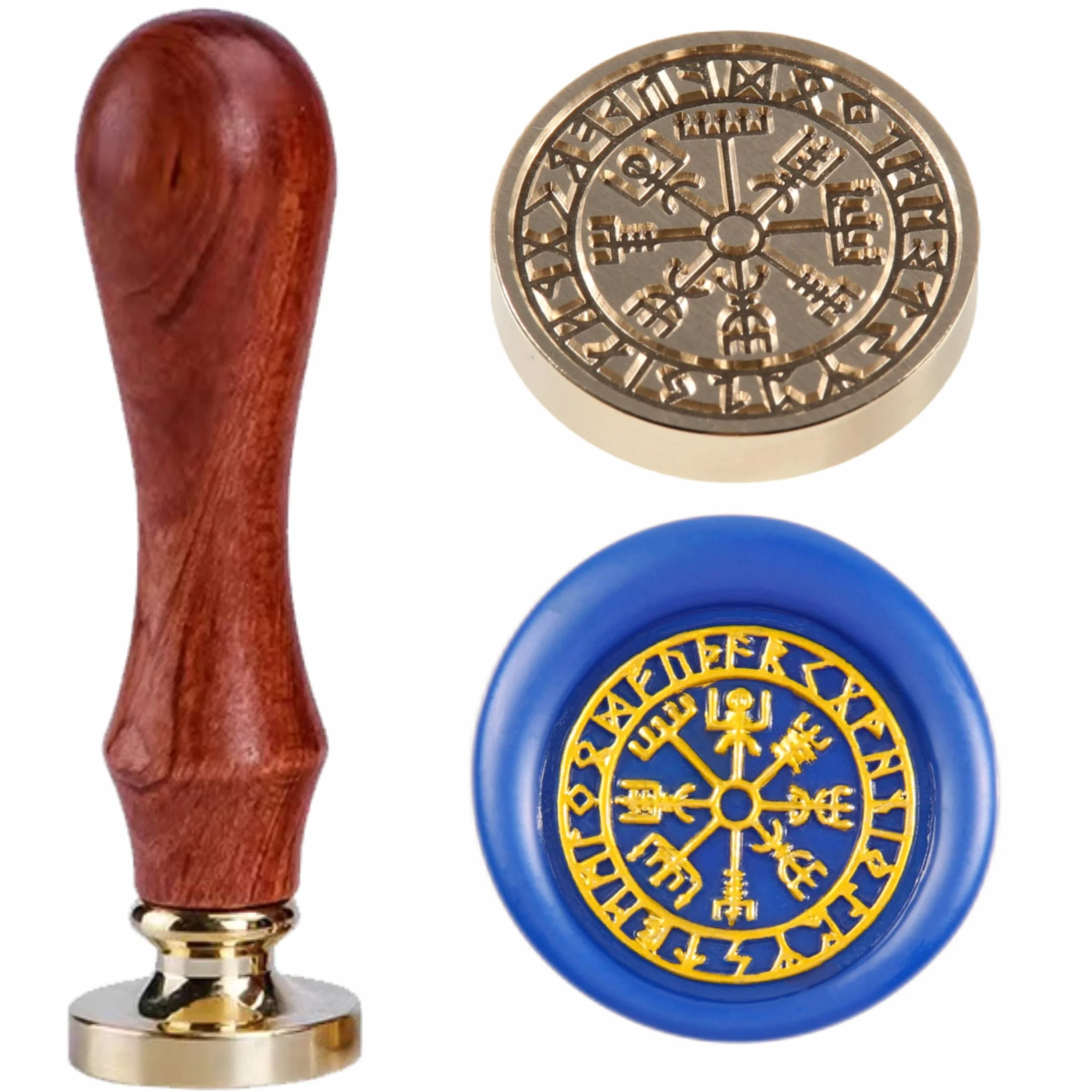 Vegvisir - Sellos de cera de brújula vikinga para sellado de hechizos de runas nórdicas, 25 mm/1 pulgada, cabeza de sello original vintage con mango de madera