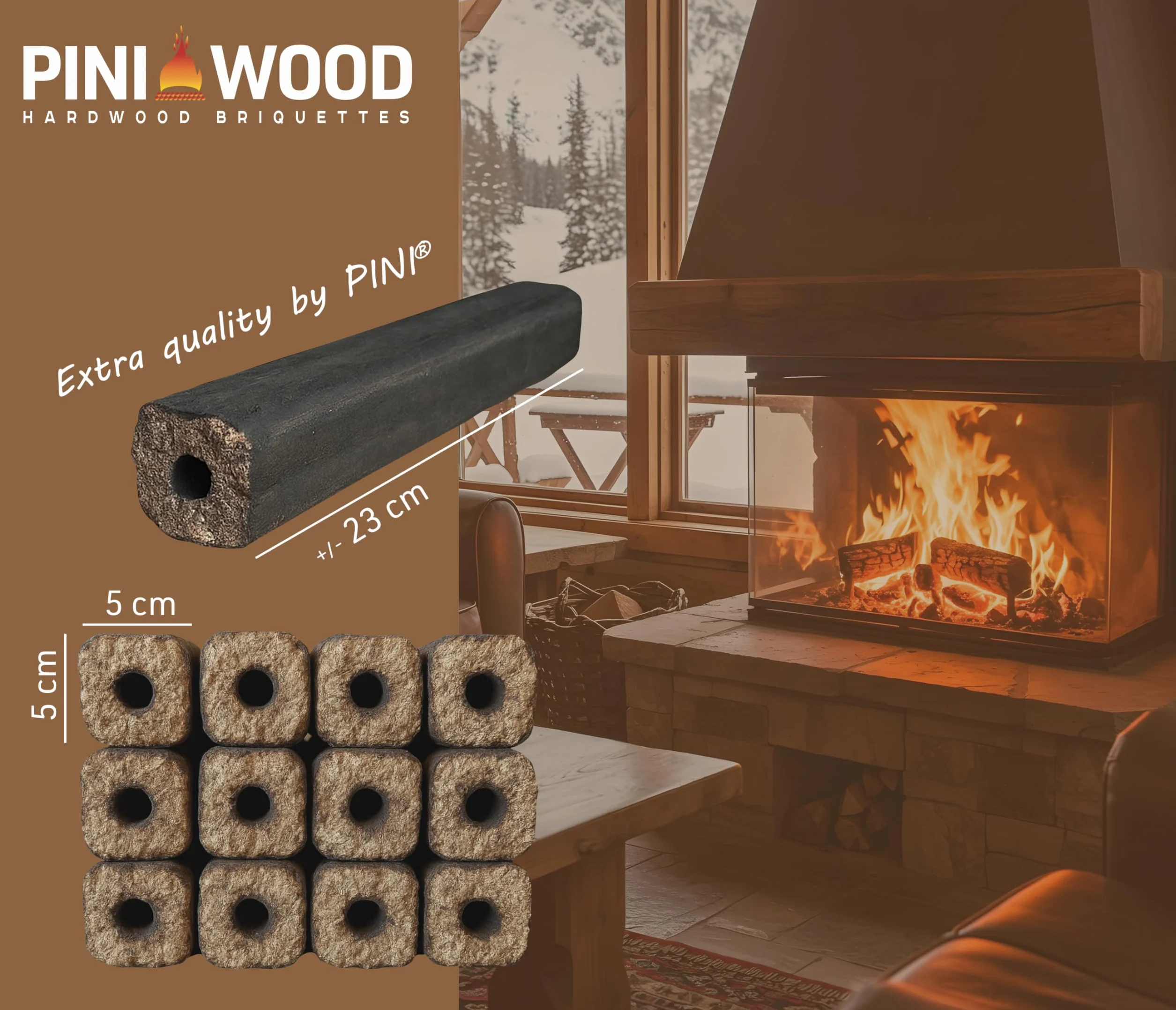 PINI Kay Briquetas de madera de roble, 23 cm de largo, cuadradas con agujero de tracción, 22,5 kg, briquetas de madera dura, briquetas de madera de roble, chimenea, horno y barbacoa