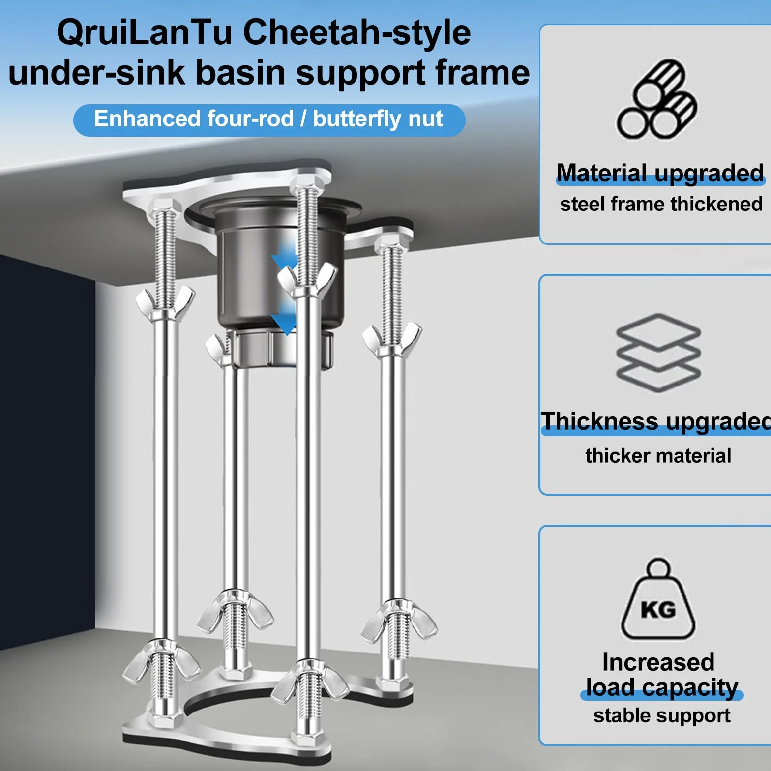 Soporte de fregadero de cocina para montaje inferior, kit de reparación de fregadero vertical con almohadillas antideslizantes que absorben los golpes, soporte ajustable de acero inoxidable