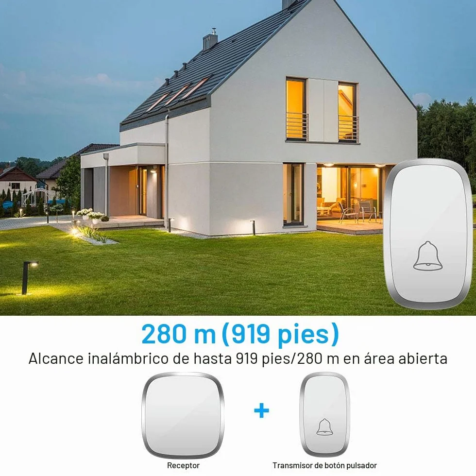 Timbre Inalámbrico Impermeable para Puerta, Receptor y 1 Transmisor, 300m, Blanco