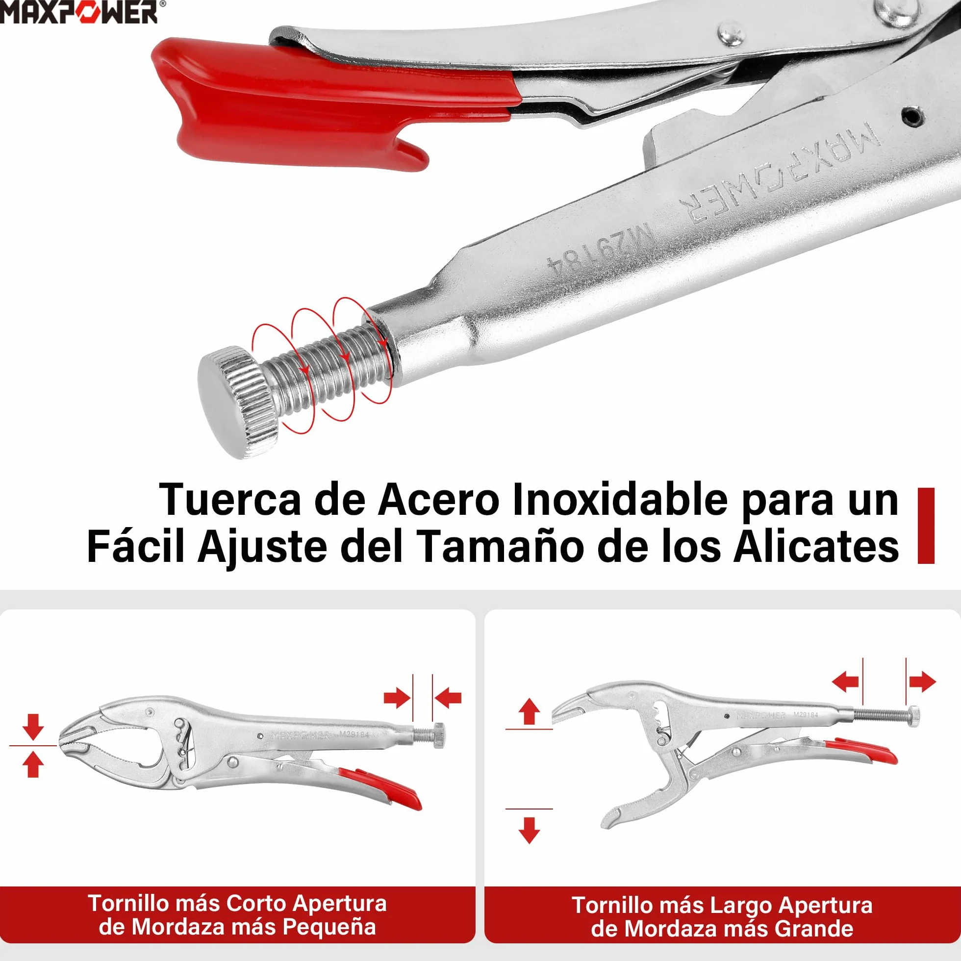 Alicate de Bloqueo, MAXPOWER Tenaza Grip Cr-V 10”/260mm con Cuatro Ajustes de Engranajes 50-100mm Mordaza Grip Locking Plier