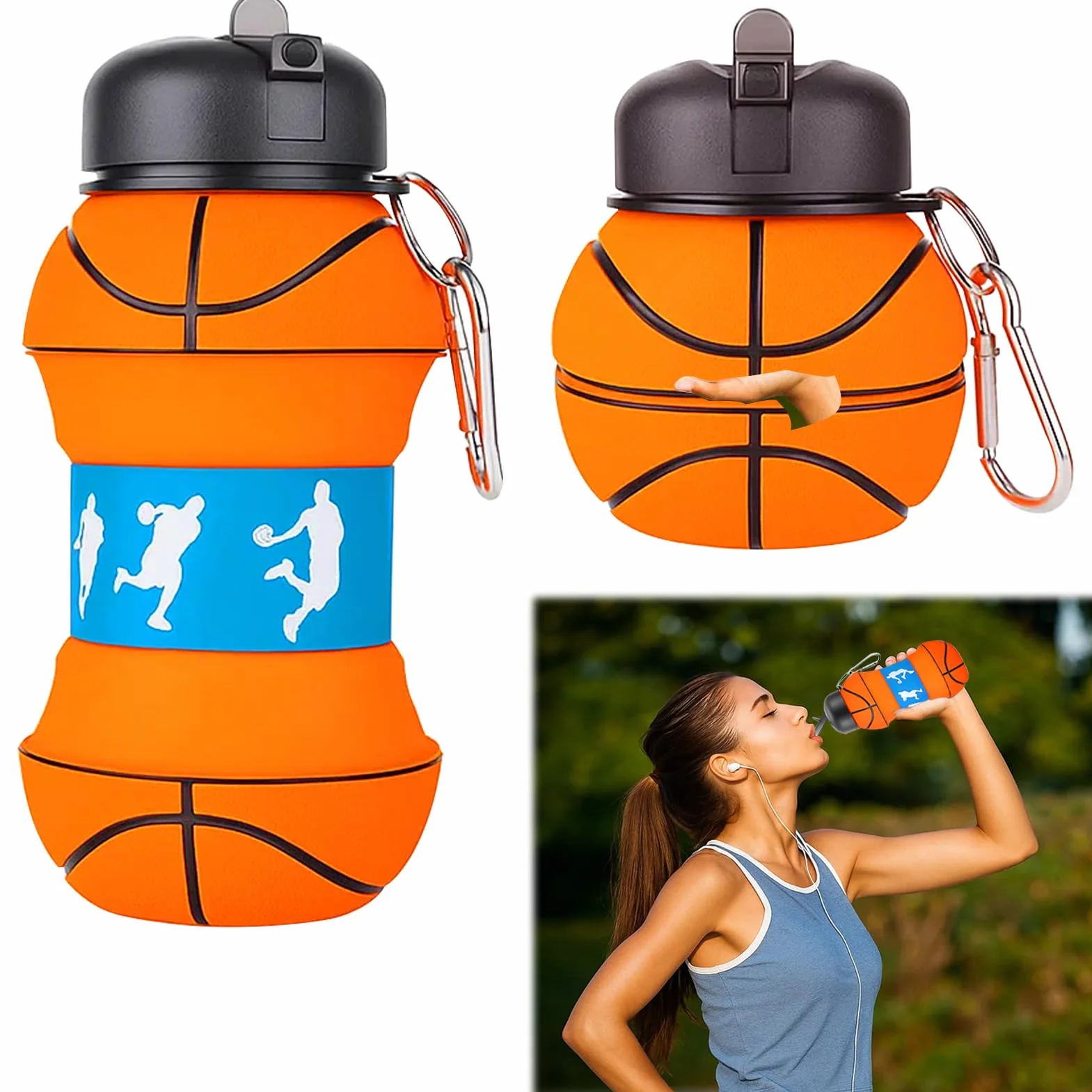 Botella de Agua Plegable de Baloncesto de Silicona sin BPA 550ml para Deporte y Viaje