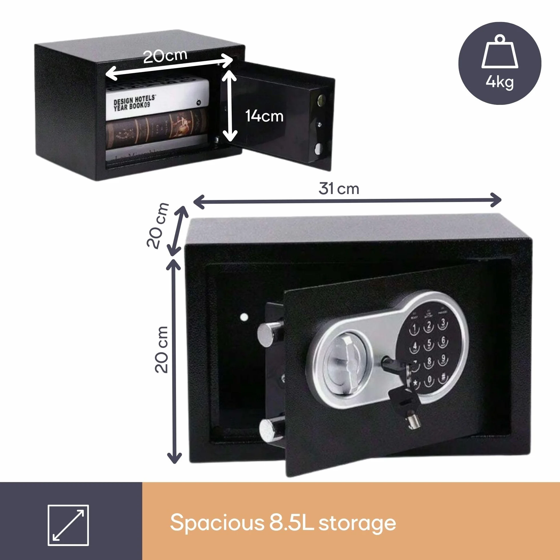 Perel Caja fuerte electrónica con código digital y llave de emergencia, caja de seguridad de acero espaciosa con interior acolchado, mini caja para joyas, documentos y dinero, 20x31x20 cm