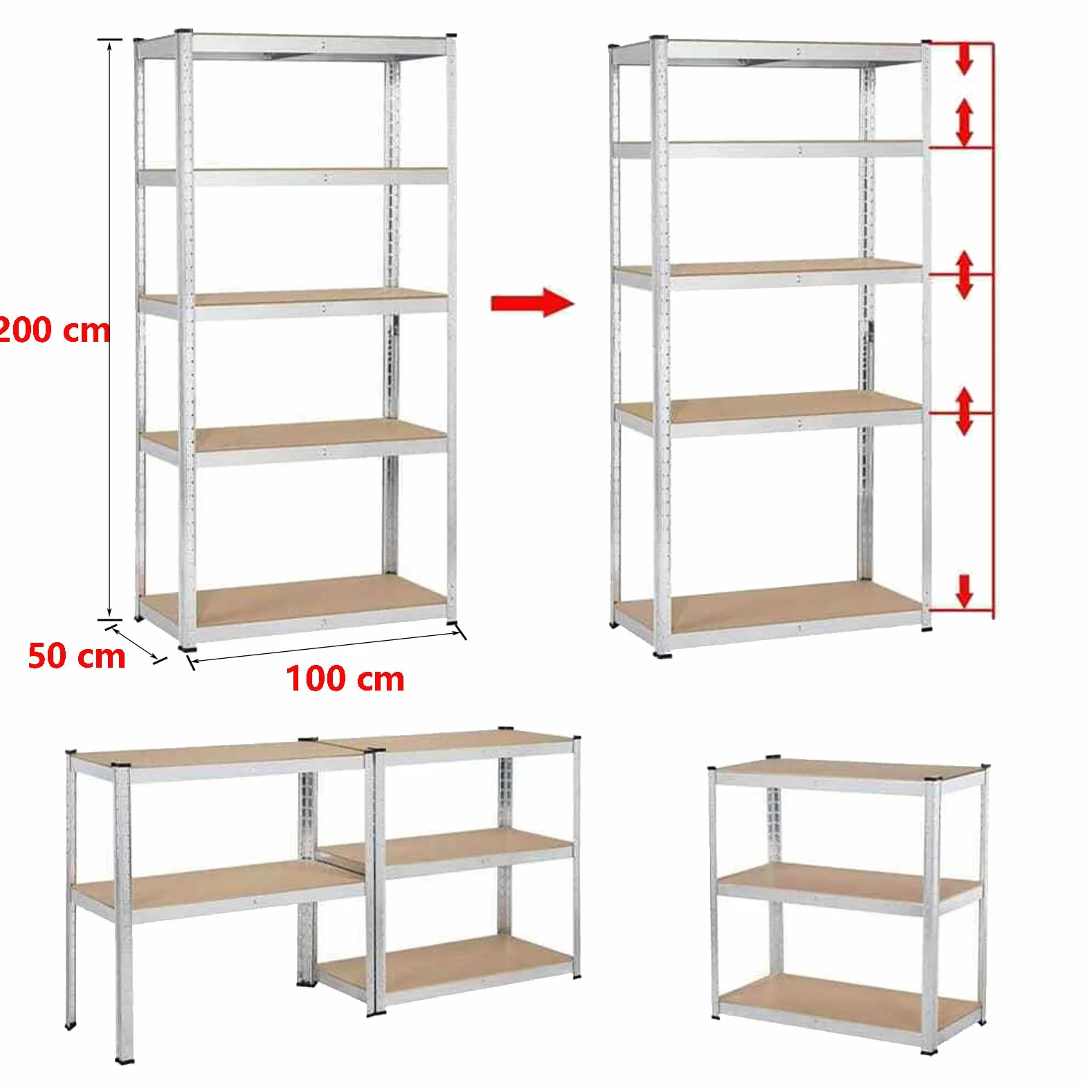 Estanteria Metalica, 5 Baldas Estanterias Almacenaje Estanterías para Garaje, Estanterías de Alta Resistencia para Almacenamiento, 200x100x50cm Estanterías Multiusos, Capacidad 875 kg,Altura ajustable