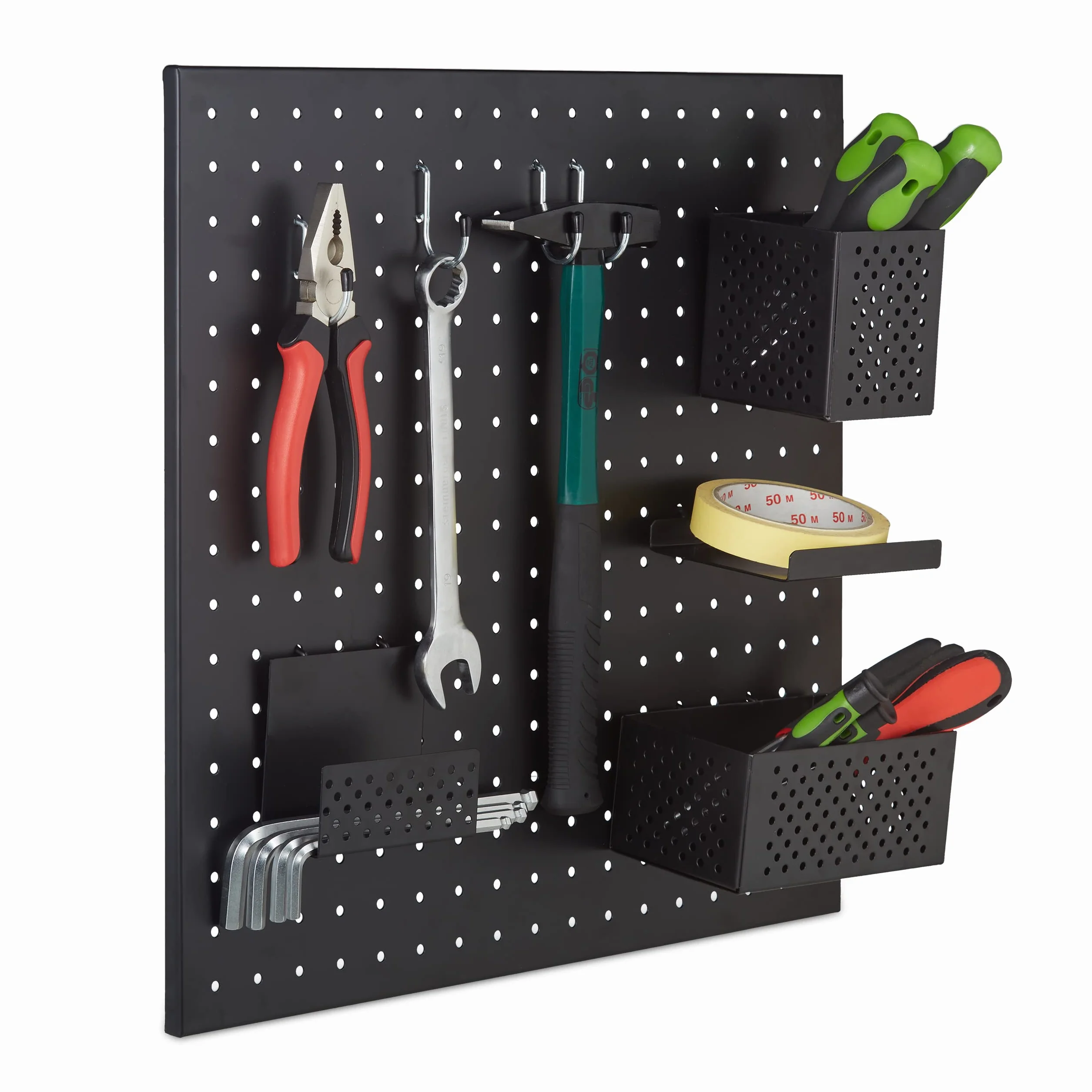 Relaxdays Panel Perforado para Herramientas, Metal, 45 x 45 cm, Tablero Pared Taller 9 Piezas, Portaherramientas, Negro