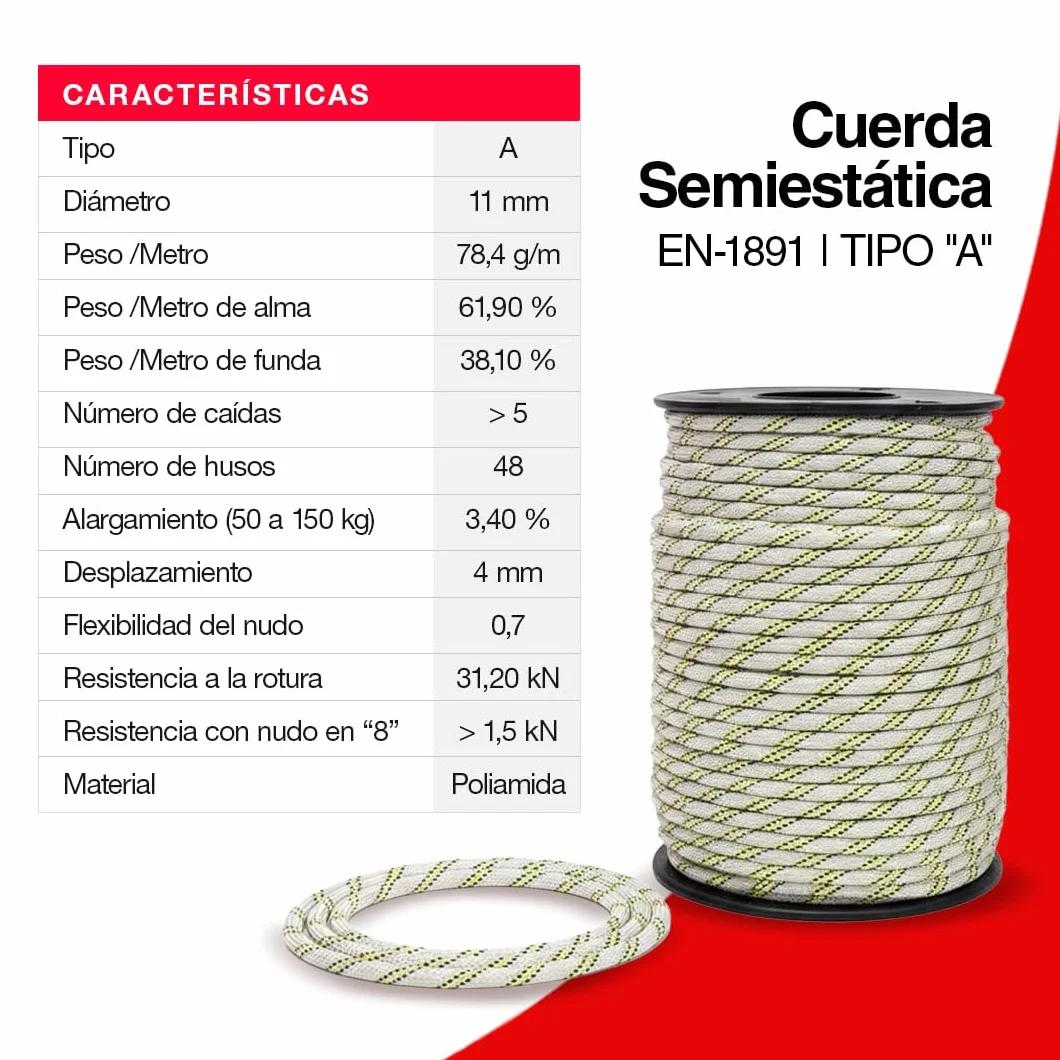 Cuerda Semiestática Profesional - SOGA Gruesa de Nylon para Trabajos Verticales - Cuerda Resistente Exterior y Duradera - Diferentes Tamaños Disponibles - 11 MM (100)
