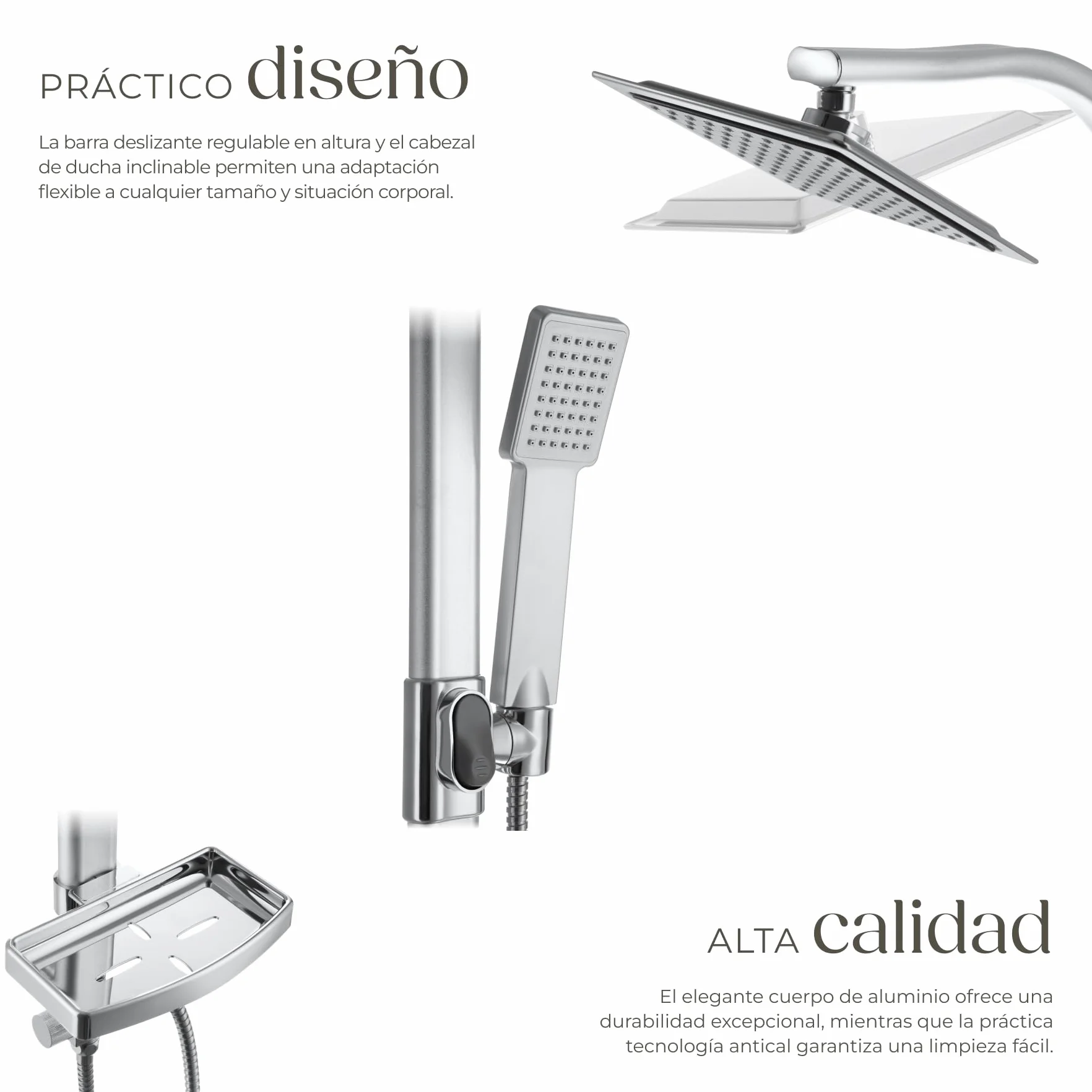 tectake® Conjunto de Ducha con Rociador de Hidromasaje de Aluminio con Grifo Ducha, Duchas de Baño con Alcachofa con Junta Esférica, Bandeja y Barra Regulable, Columna Hidromasaje - Gris