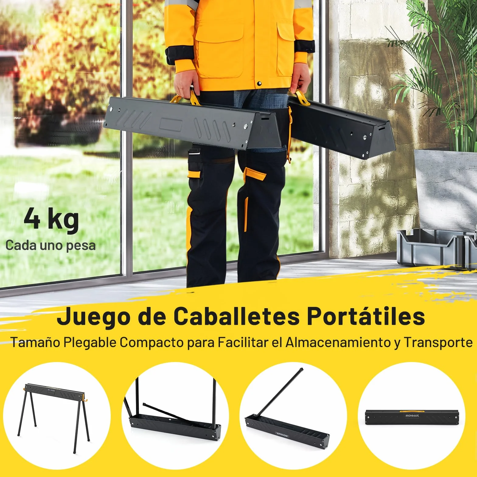 COSTWAY Juego de 2 Caballeteas de Sierra con Patas Plegables, Caballete Metálico de Trabajo con Asa y Brazos de Soporte, Borriquetas para Contratistas Carpinteros, Carga 500 kg, Negro