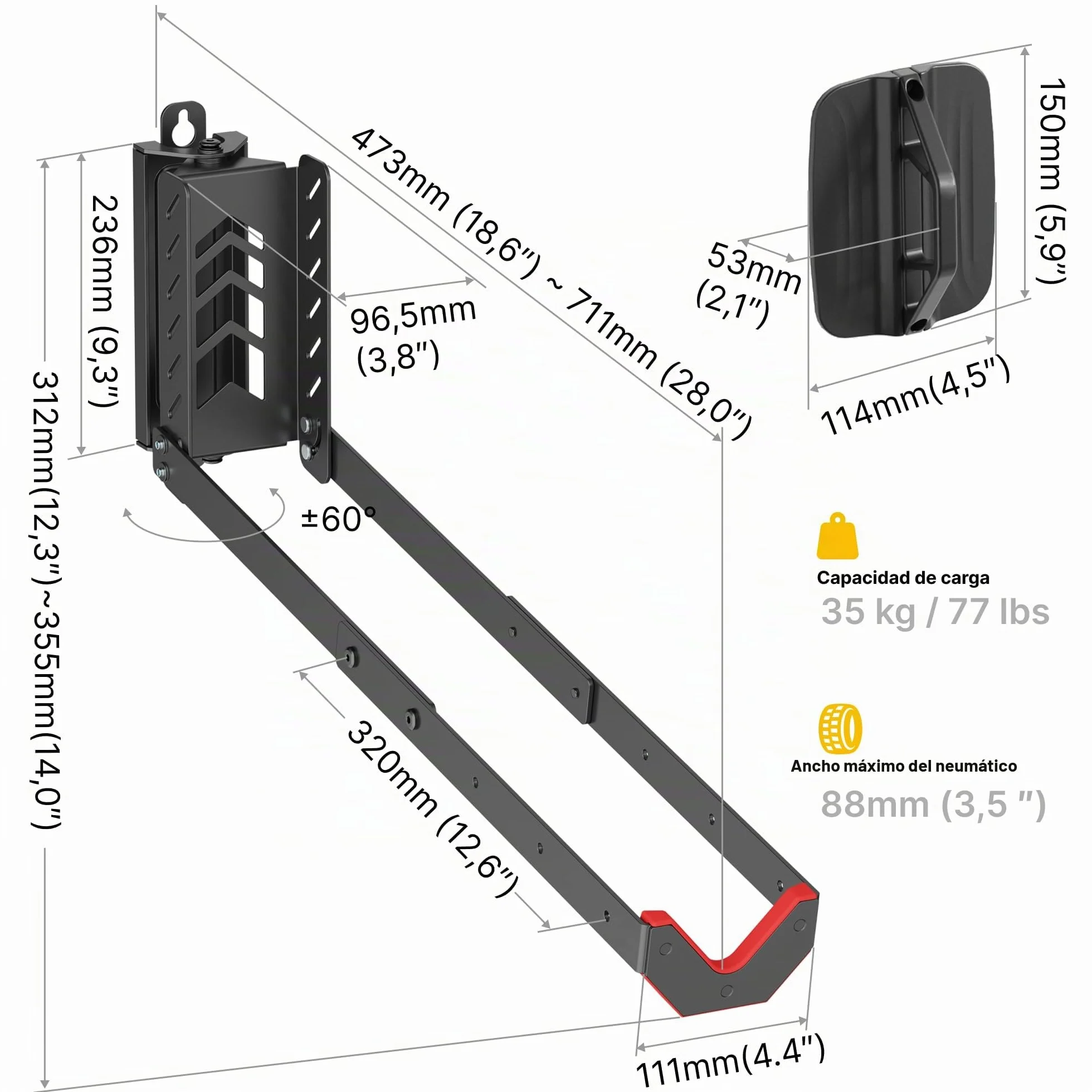 monTEK Soporte de Pared Giratorio para Bicicleta, Colgador Bicicleta Pared Ajustable y Plegable, Diseño de Elevación Fácil, Soporte de Bicicletas Ahorra Espacio para Garaje, hasta 35 kg, 2 Paquete