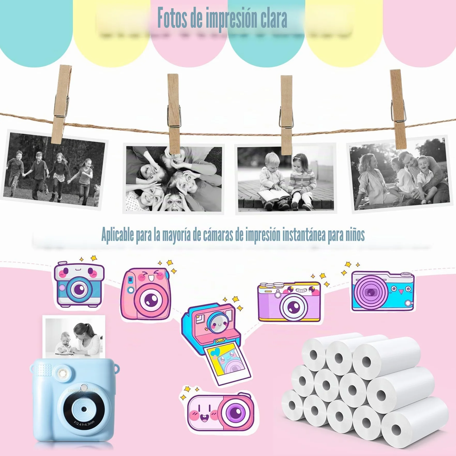Papel de Impresión Para Cámara Infantil,Impresora para Cámara Portátil de Impresión Instantánea para Niños, Papel Impresora Termica (Blanco-12)