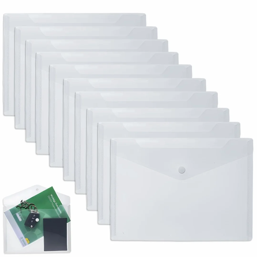 Plastico Transparente Bolsa Archivadoras,Pack 10 Sobres Archivador a5 con Botón Carpetas Portafolios Fundas Organización de Impermeable Folders para Oficina Escolar