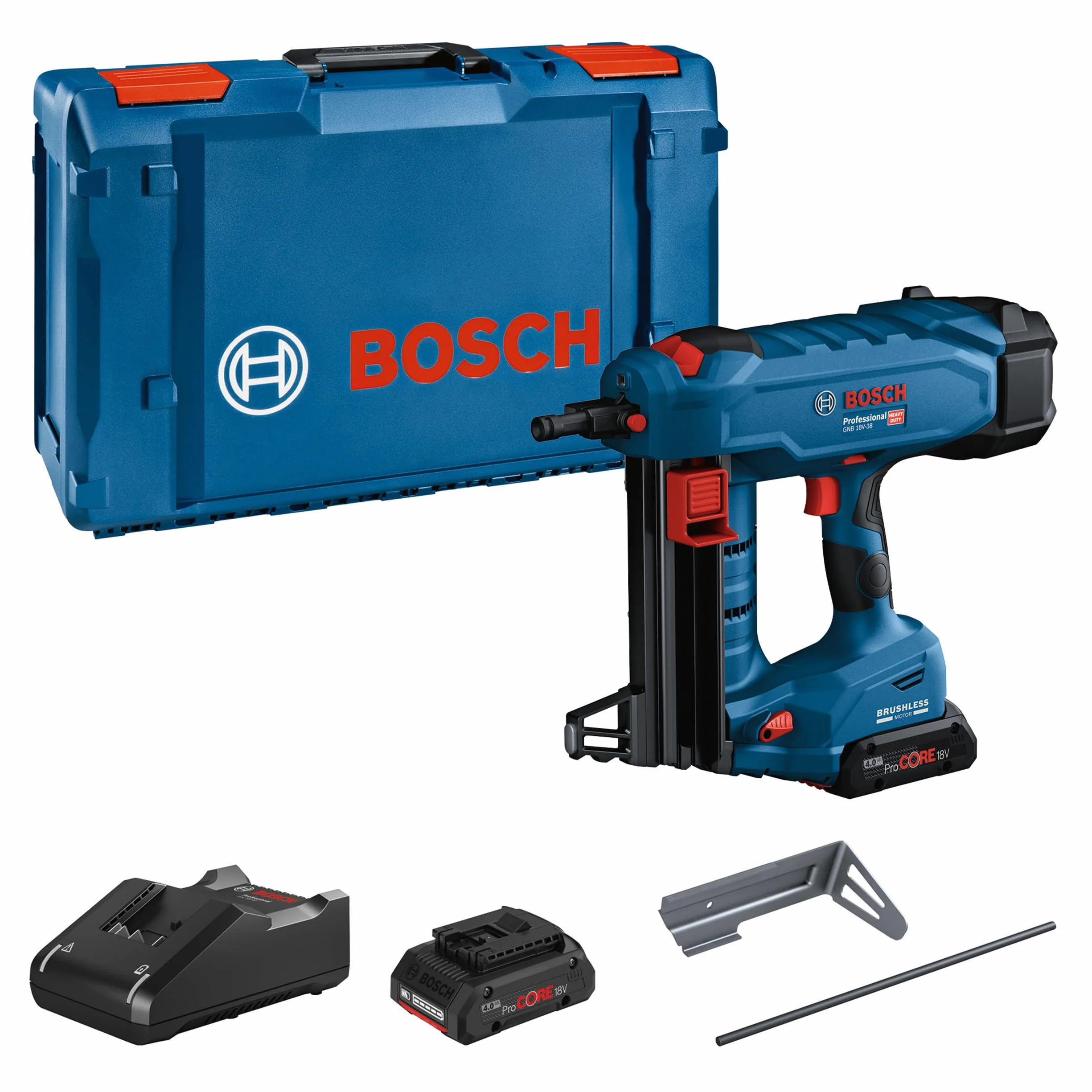 Bosch Professional 18V System Clavadora para Hormigón a Batería GNB 18V-38 (long. clavos 16-38 mm, incl. 2 ProCORE18V 4,0 Ah, GAL 18V-40, clavija de extracción, gancho para útiles, bandeja, XL-BOXX)