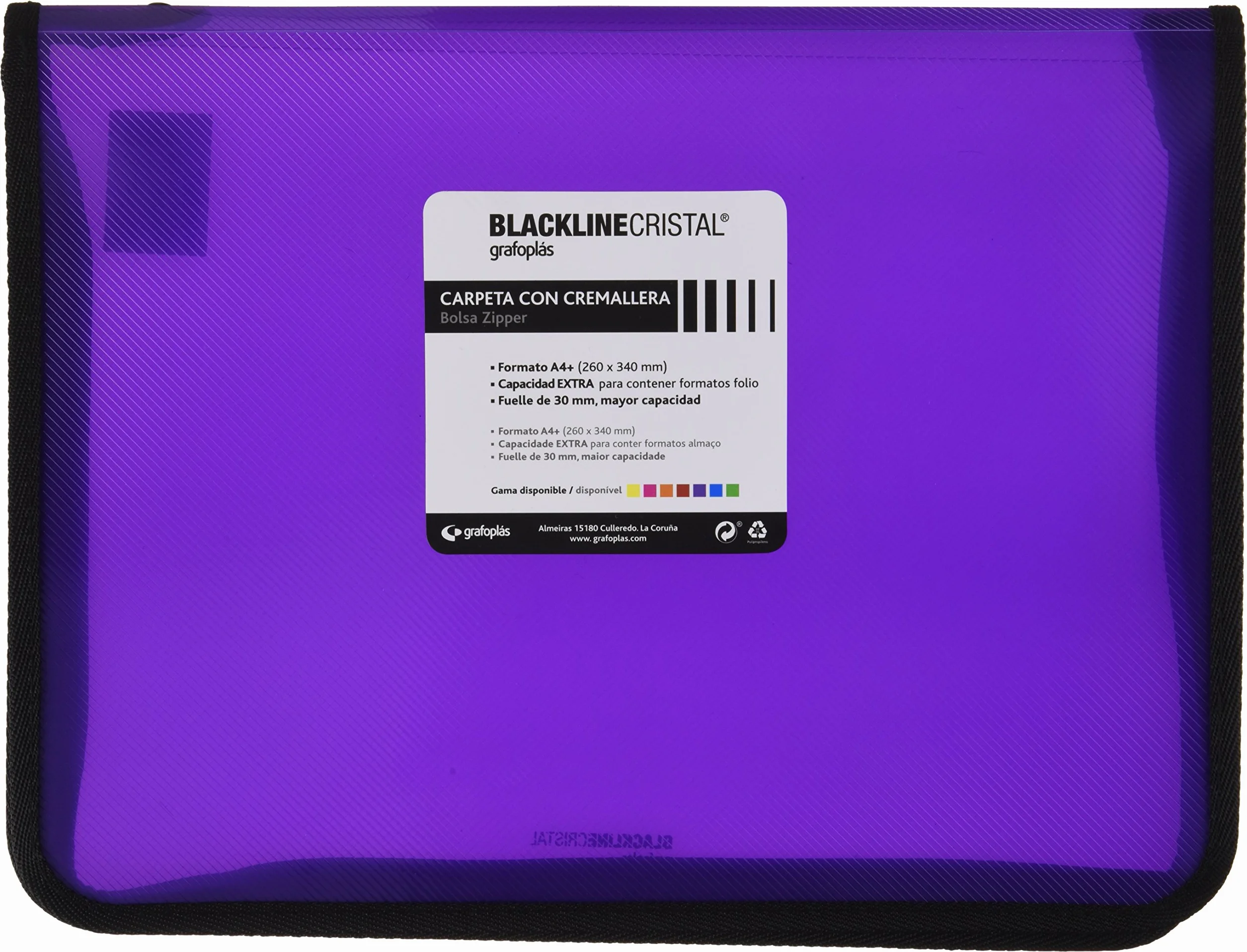 Grafoplas Carpeta con Cremallera A4+ 26x34cm Fuelle 30mm Polipropileno Cristal Rayado Blackline Cristal