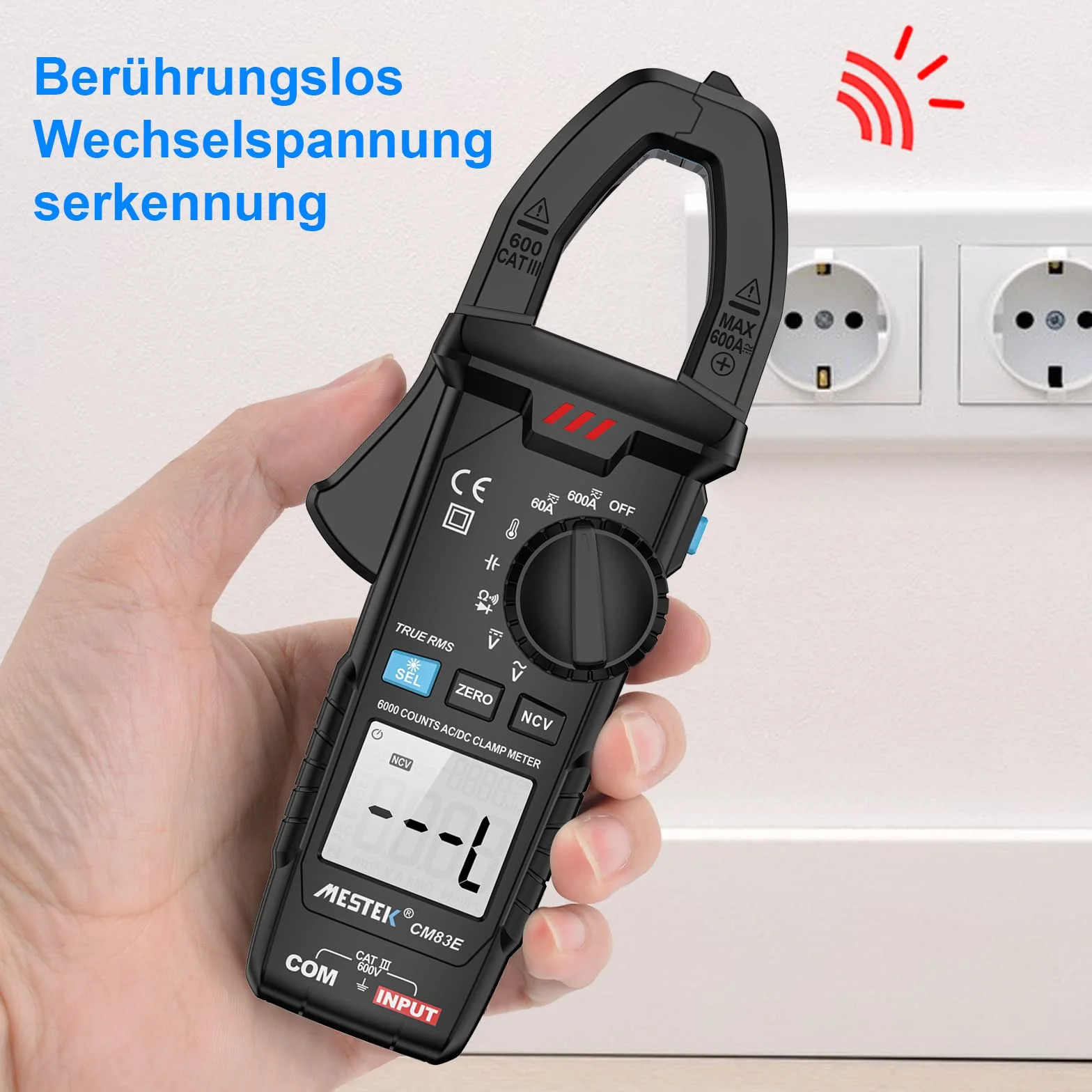 Pinza Amperimetrica Multimetro MESTEK Polimetro Digital Profesional Clamp Meter AC DC Corriente Voltaje CA/CC T-RMS Amperímetro Autorango Resistencia/Frecuencia/Temperatura Bateria NCV VFC 6000Cuentas