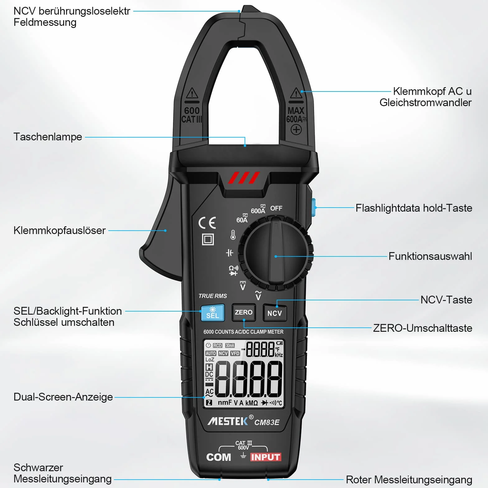 Pinza Amperimetrica Multimetro MESTEK Polimetro Digital Profesional Clamp Meter AC DC Corriente Voltaje CA/CC T-RMS Amperímetro Autorango Resistencia/Frecuencia/Temperatura Bateria NCV VFC 6000Cuentas