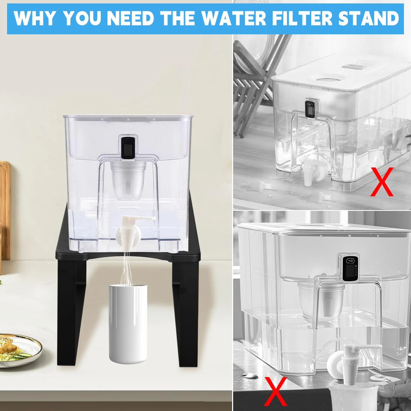 Soporte dispensador de filtro de agua de 38 x 20 x 18 cm, soporte dispensador de metal para encimera diseñado para filtro de agua Brita, compatible con PUR, Waterdrop