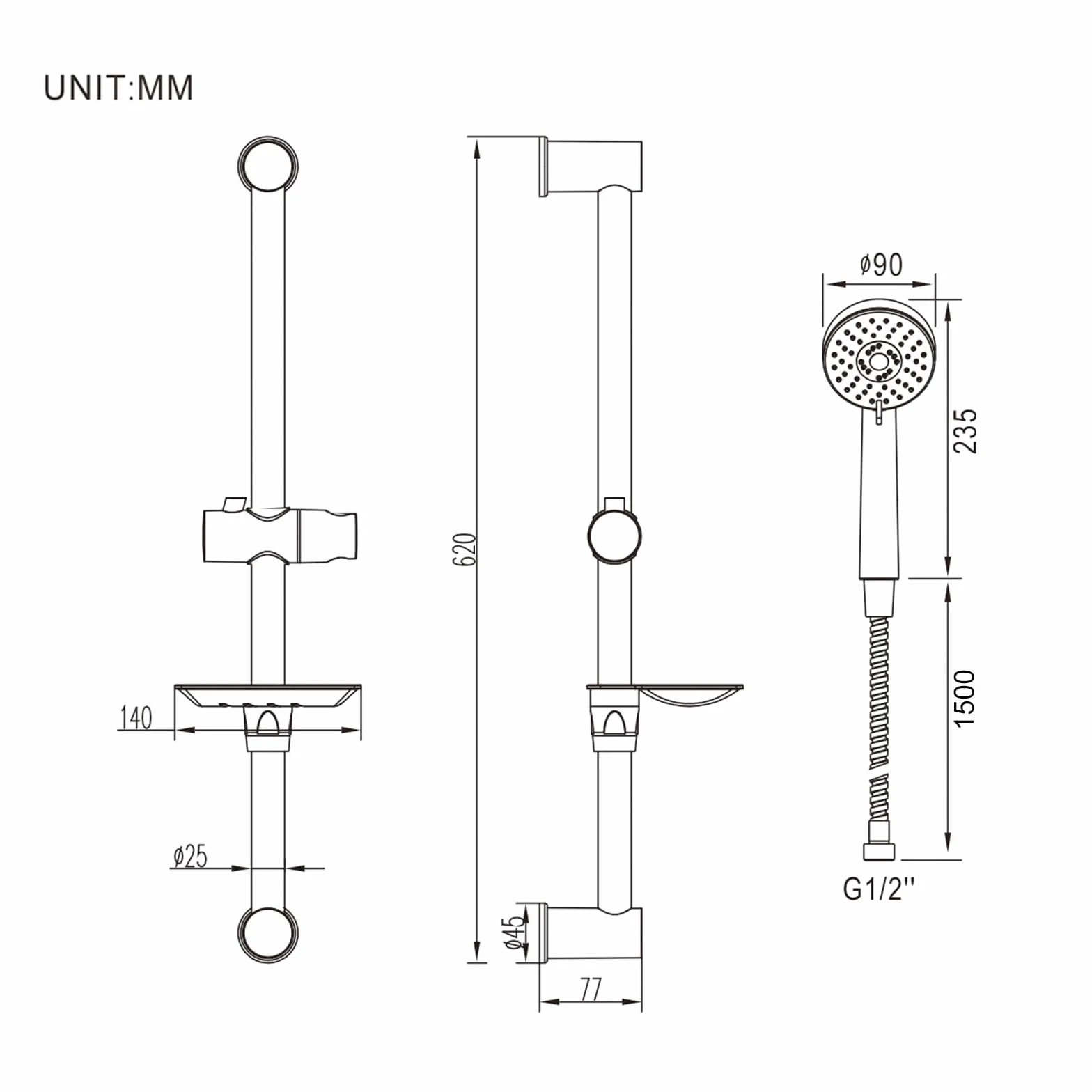 Ibergrif, M20903 Conjunto Soporte Ducha Pared, Barra Ducha con Jabonera, Manguera, Alcachofa, Soporte, Plata