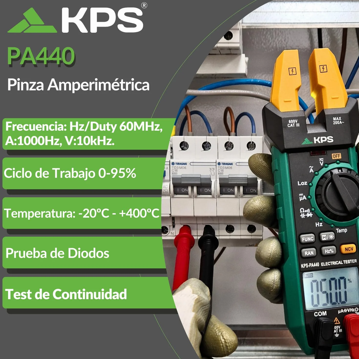 KPS-PA440 Pinza Amperimétrica Profesional con Maxilar Abierto - Multímetro Digital con Medición de Corriente AC 200A, Corriente DC 1000µA, Voltaje AC/DC 600V, Temperatura, Frecuencia, Capacidad y NCV