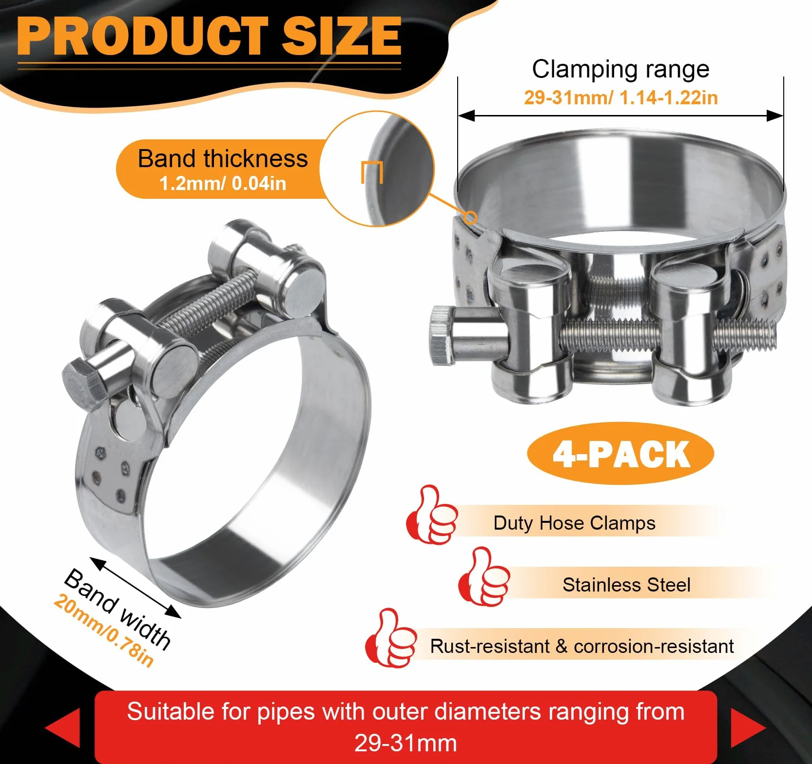 ilauke Juego de 4 Abrazaderas Metalicas, 29-31 mm Ajustables Abrazaderas para Manguera, de Acero Inoxidable 304 para Tuberías de Agua, Fontanería, Gas Doméstico y Aplicación Mecánica