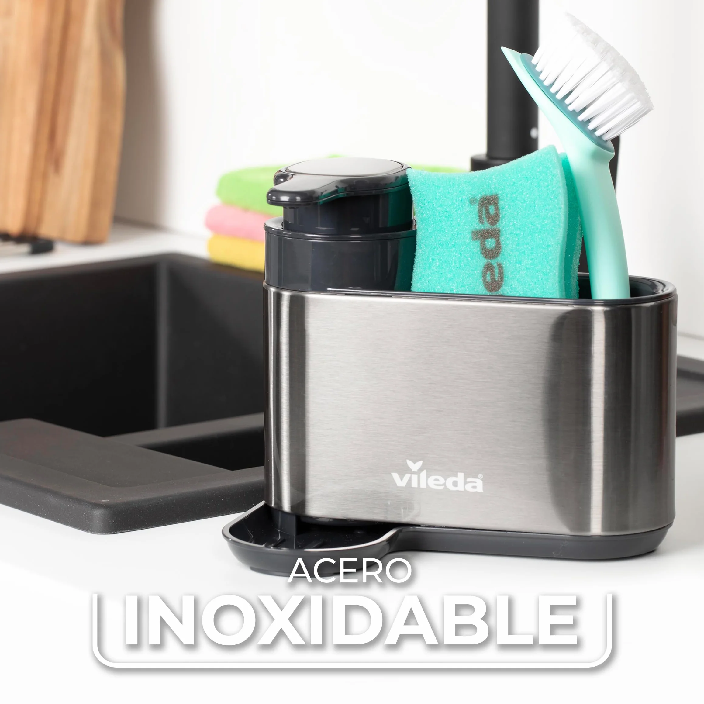 Vileda Organizador para Fregadero de Acero Inoxidable con Dispensador de Detergente