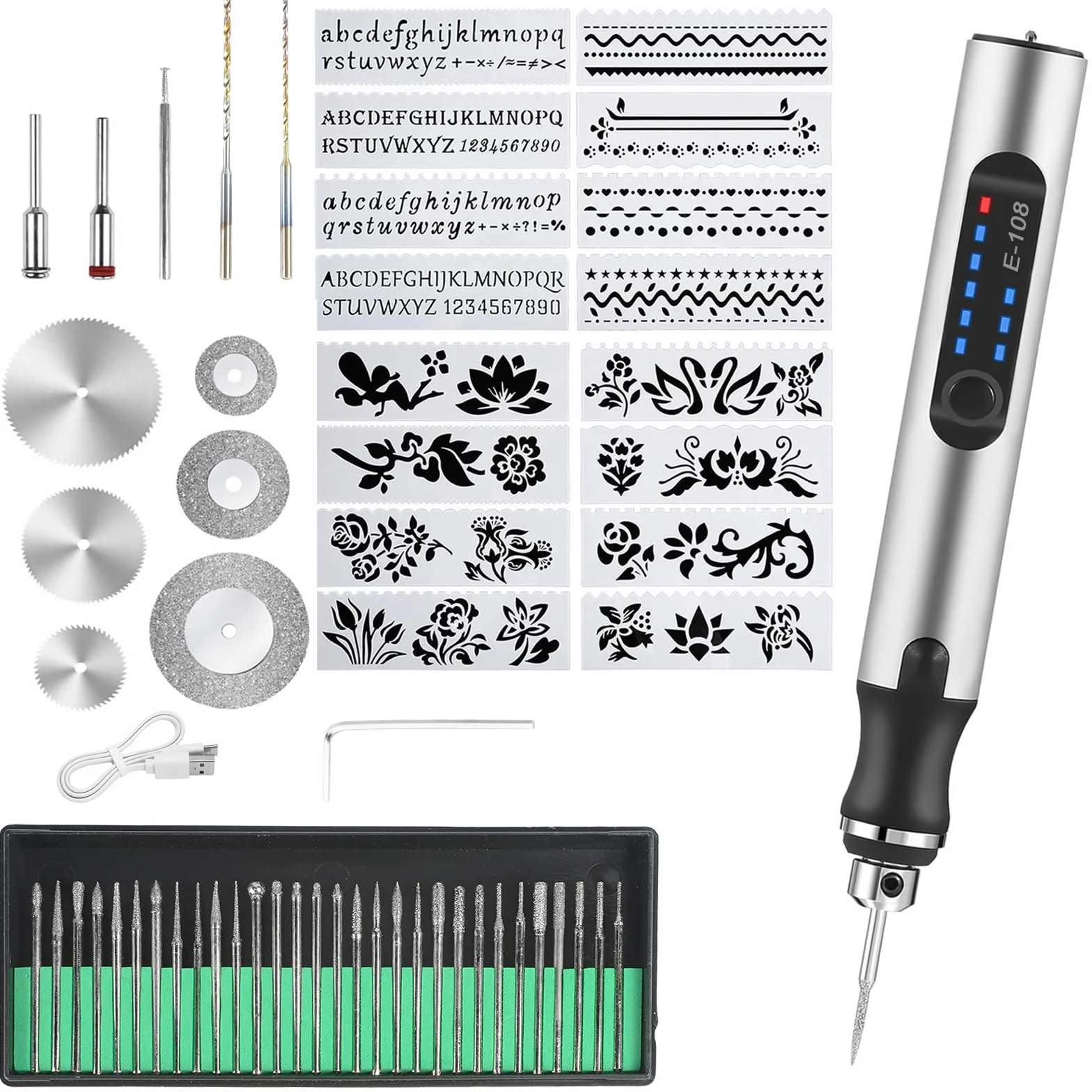 Kit de herramientas de grabado eléctrico de 60 piezas, bolígrafo de grabado recargable USB inalámbrico mini bolígrafo grabador rotativo para arte DIY, grabado en vidrio, madera, metal, piedra