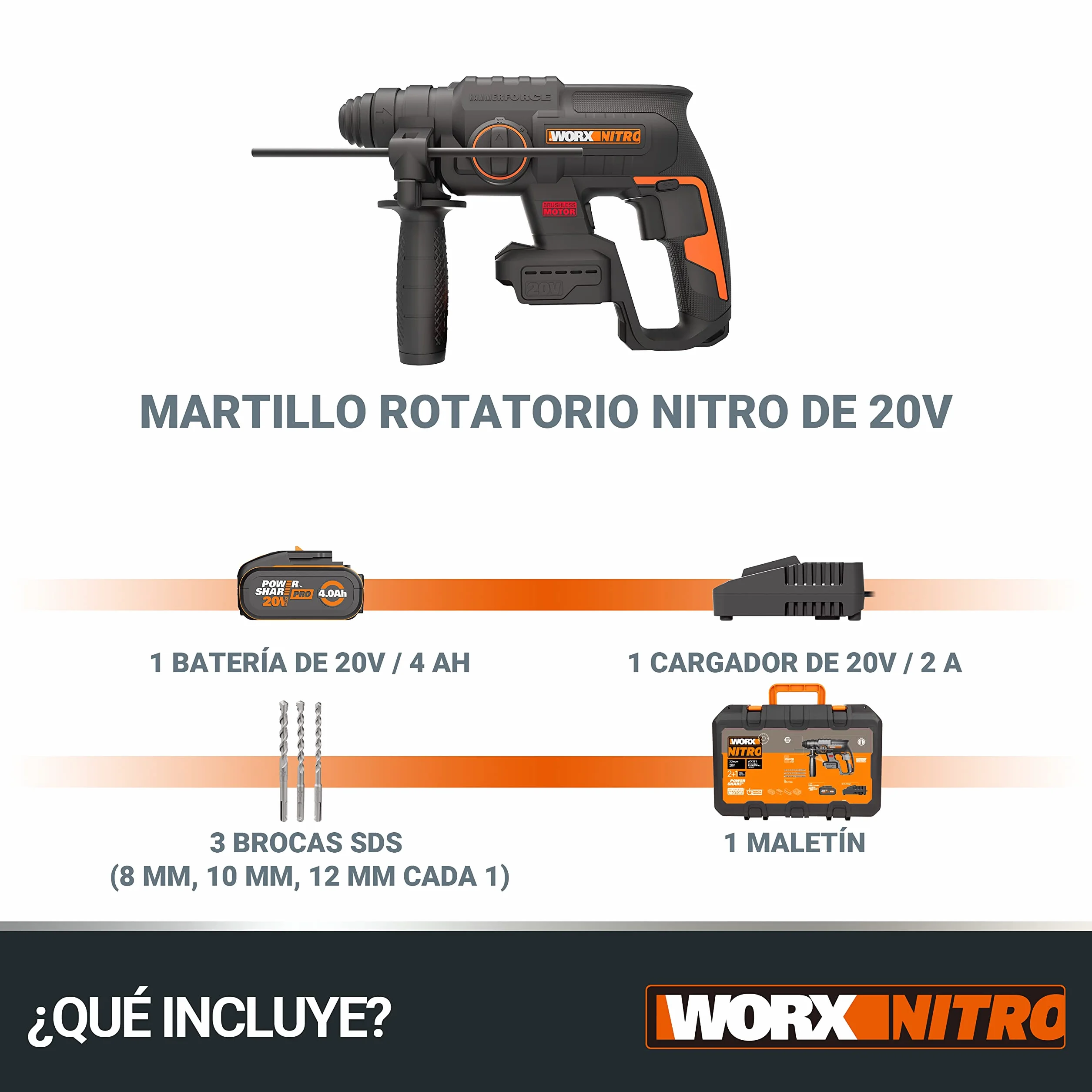 Worx WX381 Martillo Perforador Brushless 20V 2J Batería 4Ah