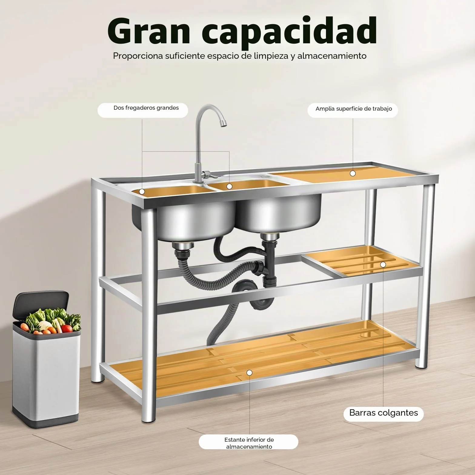 Fregadero de cocina independiente, 2 cuencos, doble, de acero inoxidable, comercial con grifo, soporte y drenaje, para exterior e interior