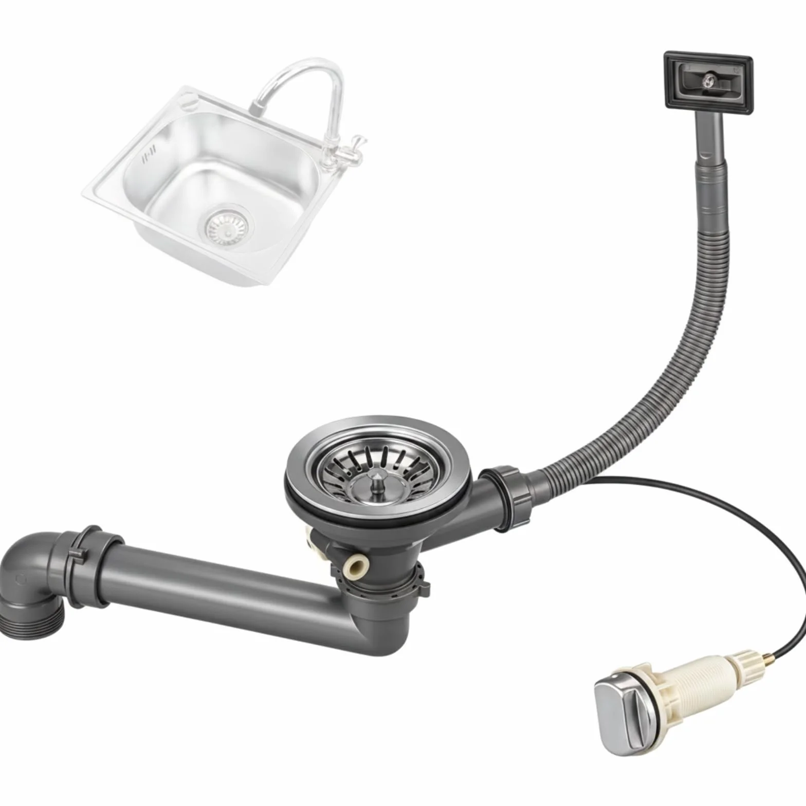 Enhon Keenberk Desagüe de Fregadero con Válvula de Canasta para Fregadero de Cocina 3 1/2" Ø 114mm, Control Excenter con Cable Bowden, Desagüe Universal para Fregaderos de Acero Inoxidable, Granito