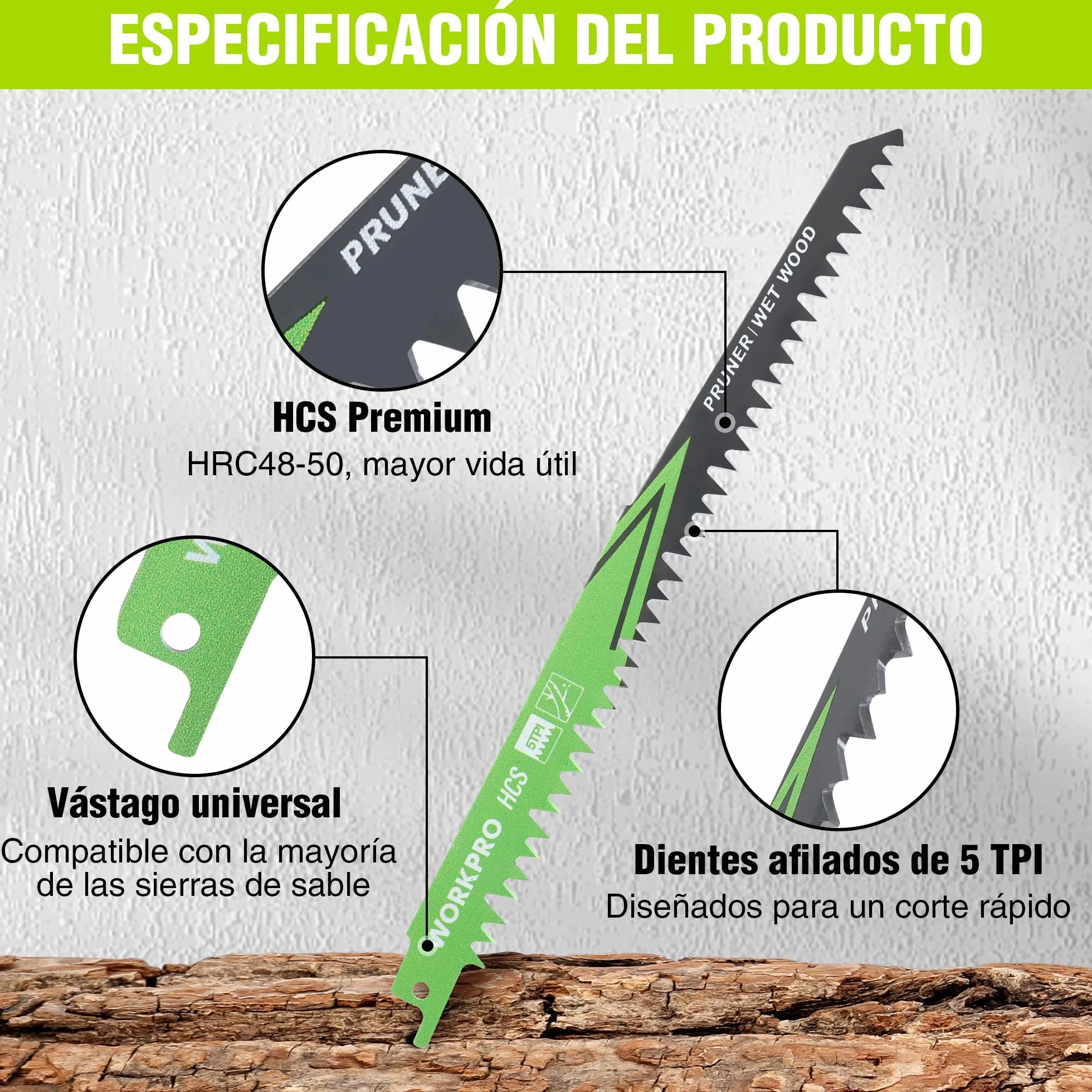 WORKPRO Hojas de Sierra Sable 5 Piezas 230 mm para Madera Poda Jardín