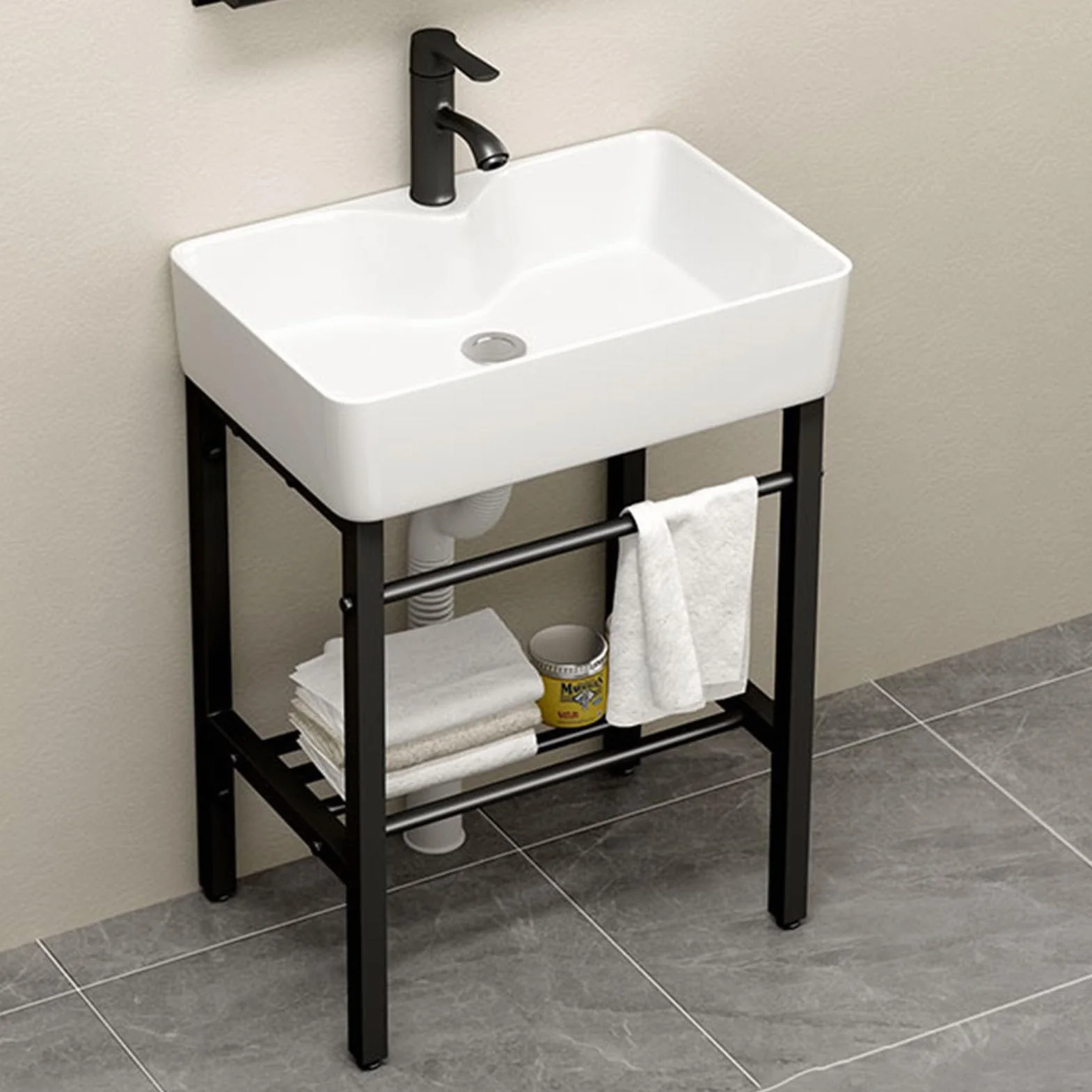 Lavabo Pequeño de Cerámica Rectangular de Pie para Baño，Lavabo para Uso En Interiores Y Exteriores con Grifo Y Desagüe，Lavabo Moderno Art con Rebosadero，para Comedor