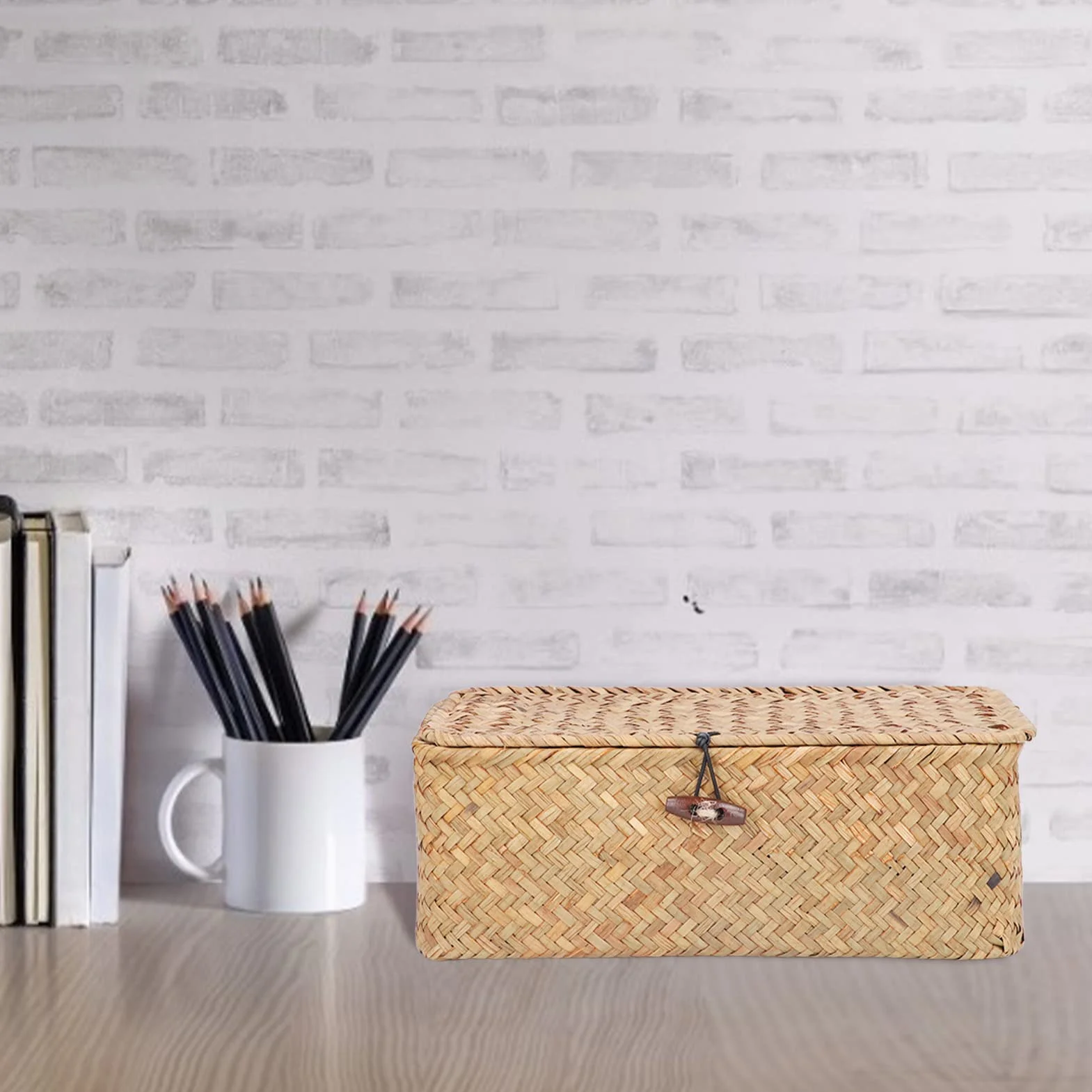 Cesta de Mimbre Rectangular con Tapa Organizador Almacenamiento Hogar Jardín Hecho a Mano