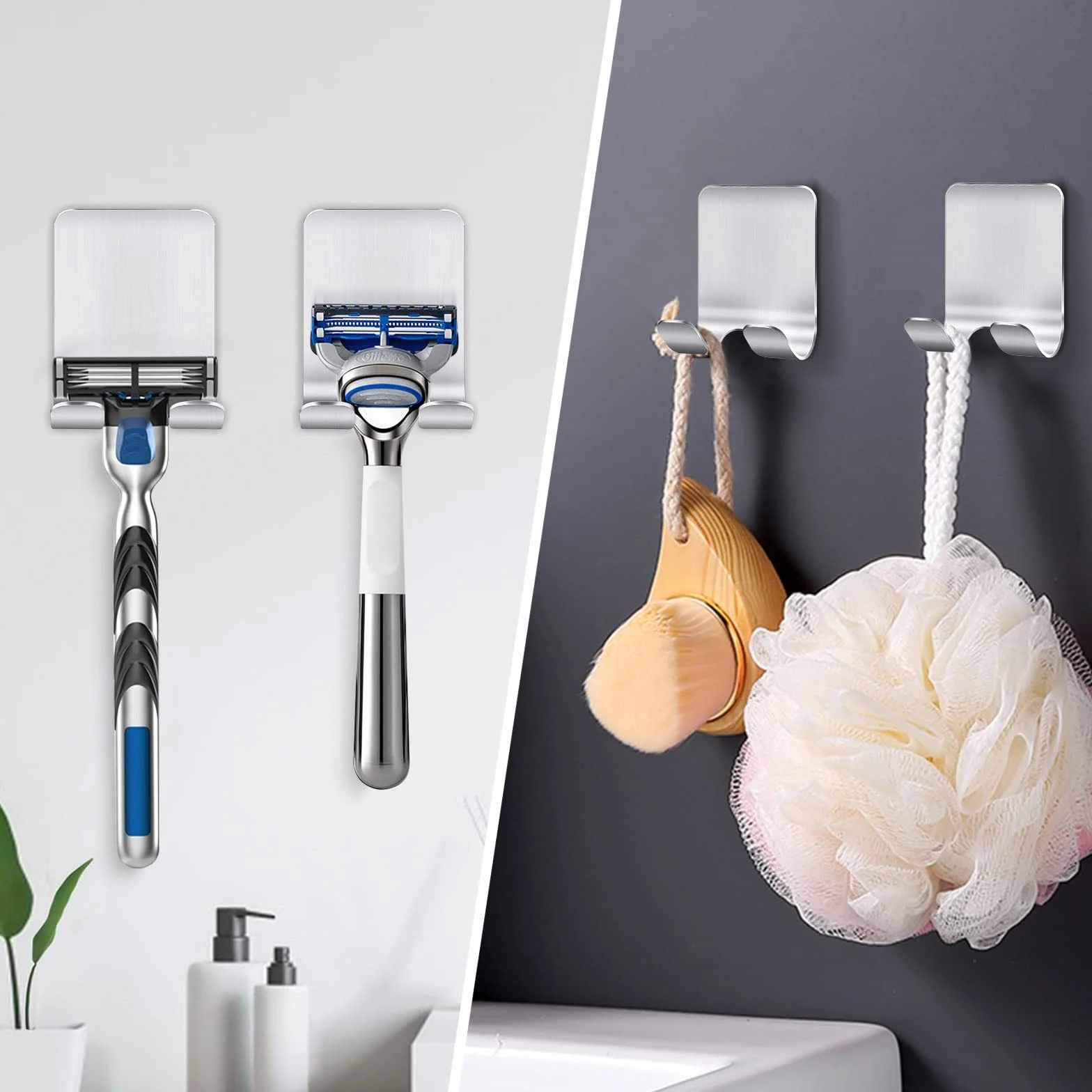 Bolatus 2 unidades de soporte para afeitadora de ducha, gancho autoadhesivo, soporte de afeitado para ducha, acero inoxidable, gancho para toalla, gancho para toallas sin taladrar, ganchos de pared