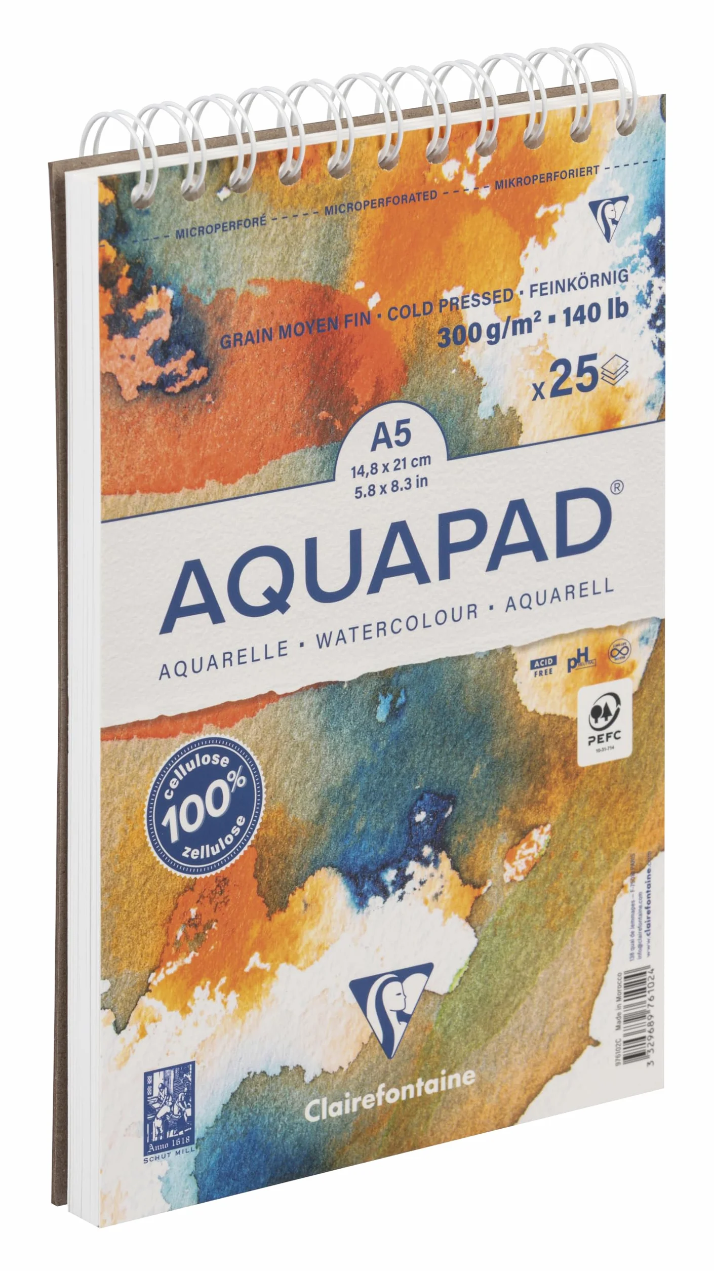 Clairefontaine Bloc spiralé micro-perforé Aquapad A5 14,8x21 cm 300g 25 Feuilles Papier Aquarelle Blanc Grain Moyen Fin