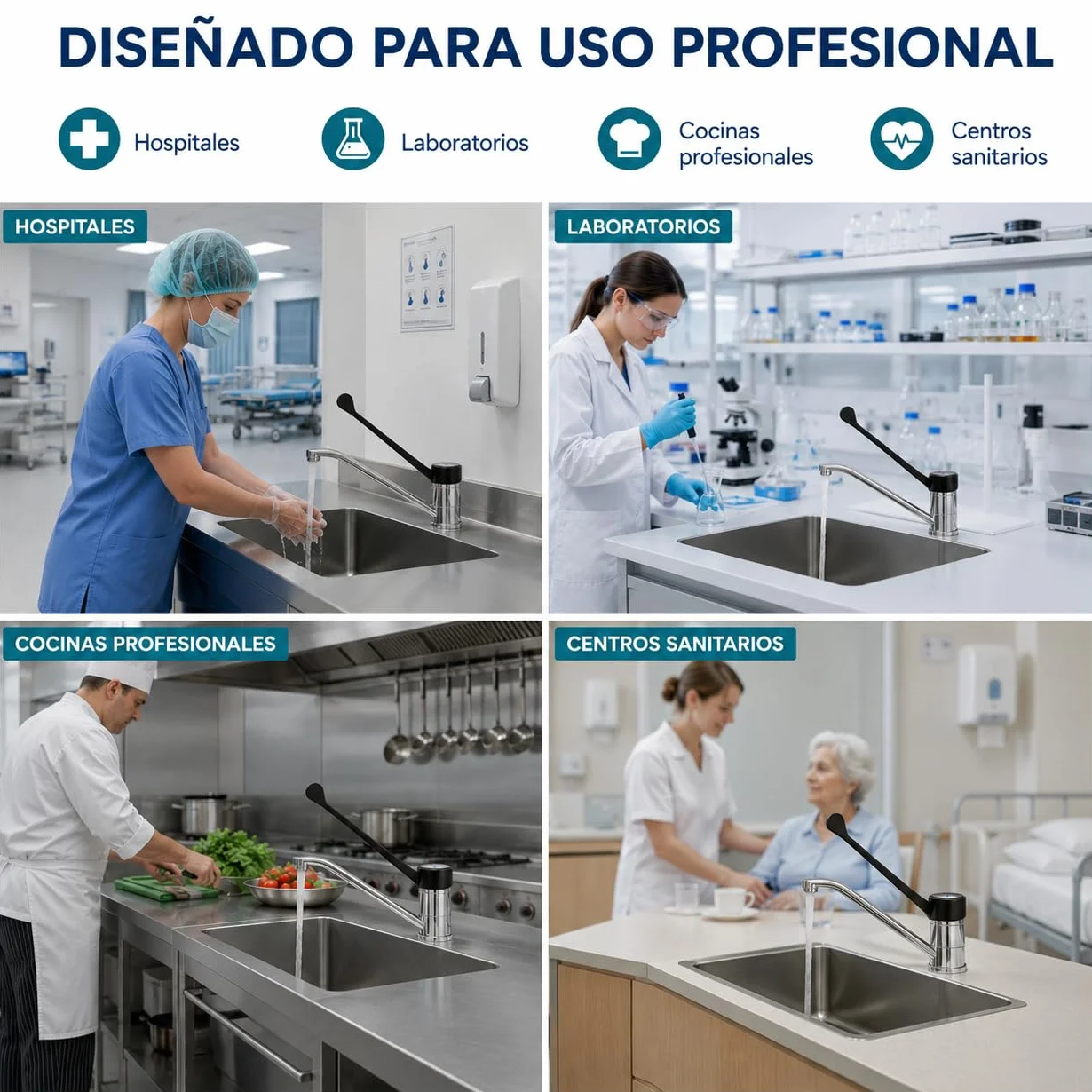 GOLDMAN SERVICE | Grifo de Codo Gerontológico Monomando, Palanca Larga 30 cm, Caño 360°, Grifo Sanitario e Higiénico para Hospitales, Clínicas, Laboratorios y Cocina Profesional
