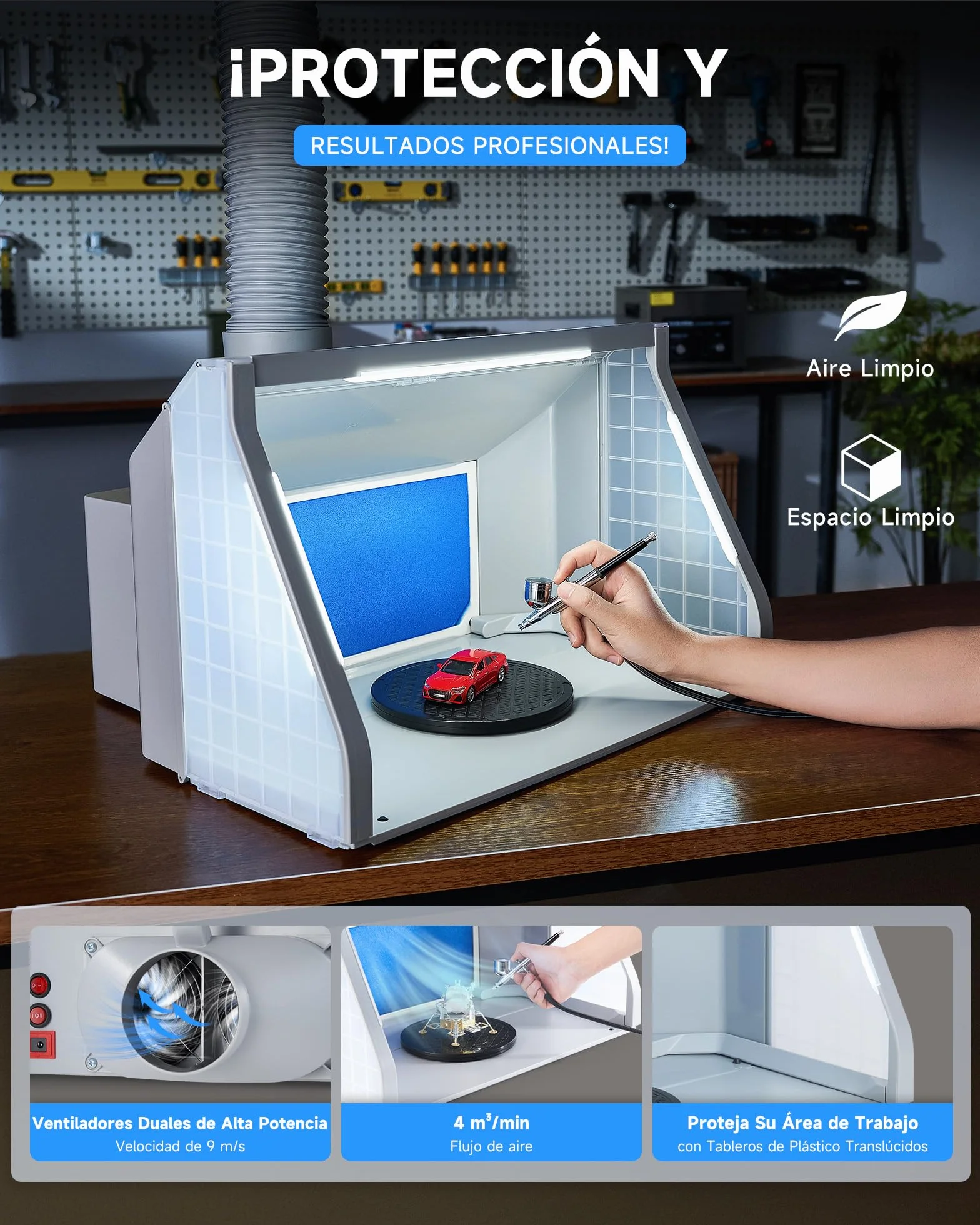 VONLUCE Cabina de Pintura Plegable con Aerógrafo Profesional, Ventilación Ajustable 4m³/min, 3 Luces LED, Plato Giratorio 19 cm Manguera 1,4 m para Modelos y DIY