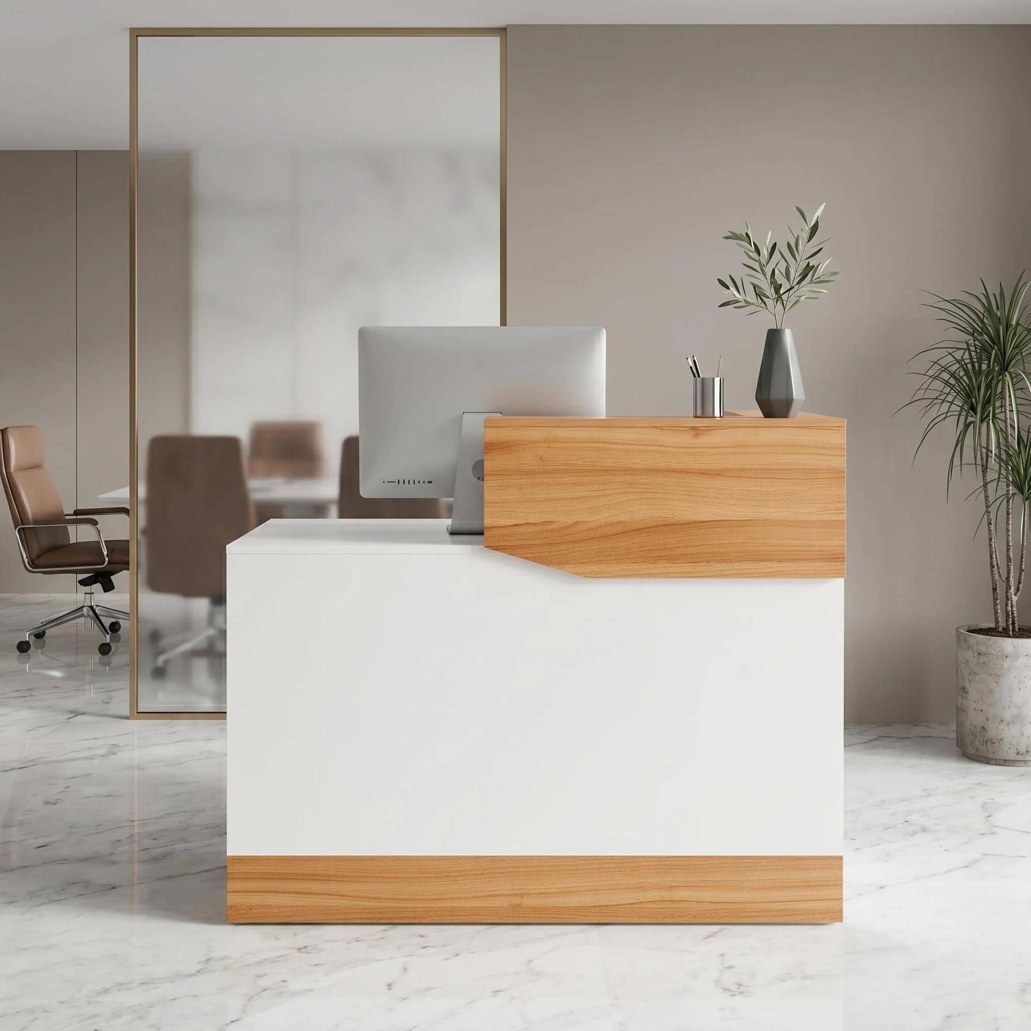 Mostrador de Recepción Moderno 120 cm Madera Escritorio Profesional con Organizador de Cables