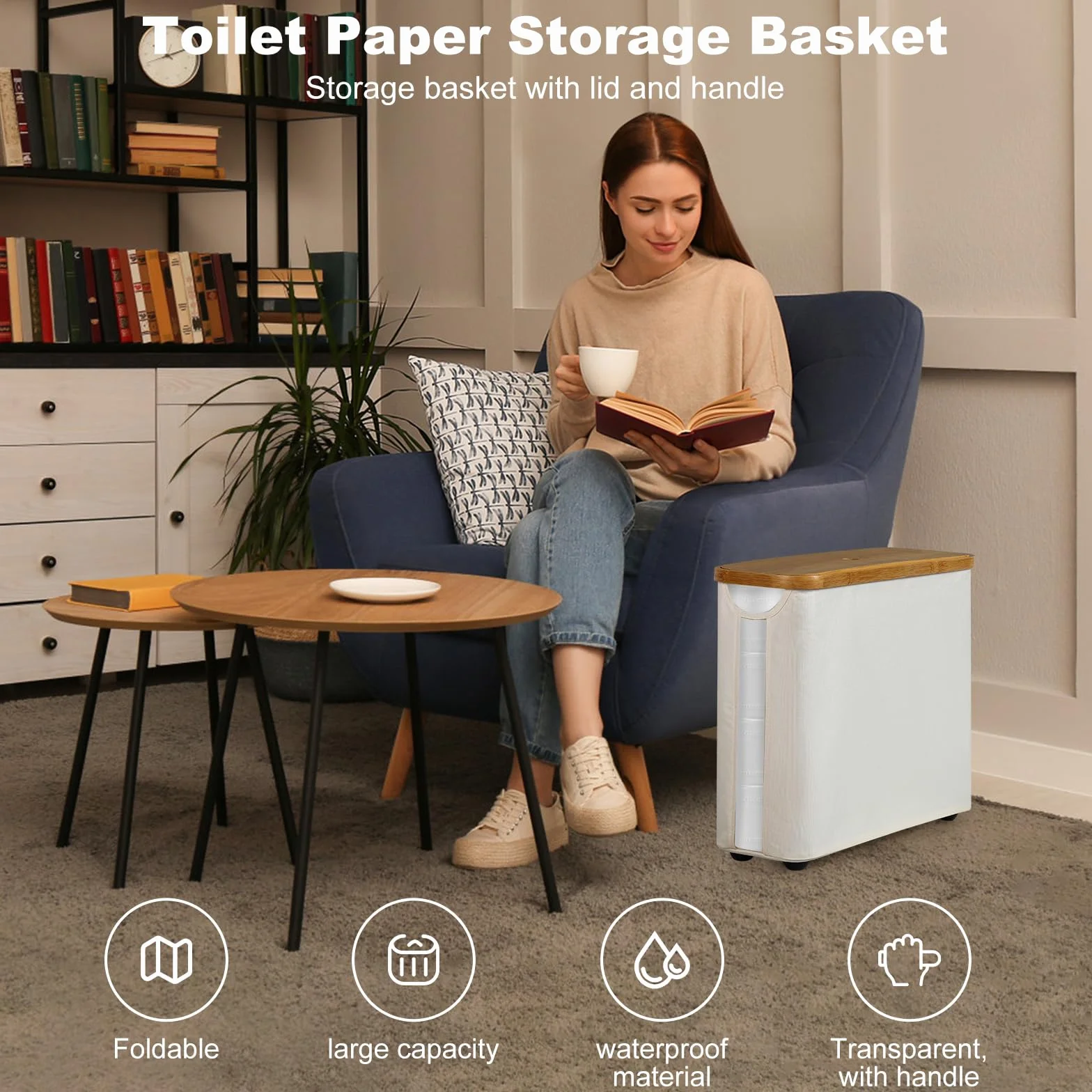 Portarrollos Papel Higienico con Tapa, Soporte para 12 Rollos, Beige