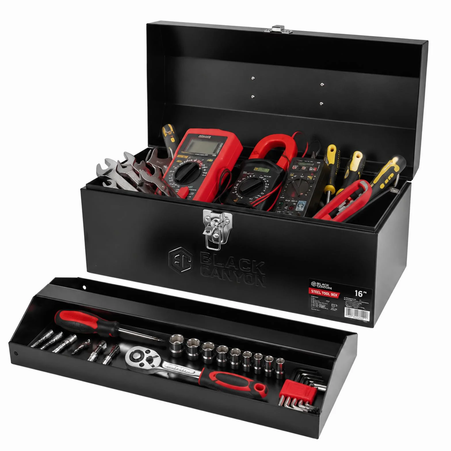 Black Canyon Caja de herramientas de 16 pulgadas, caja de herramientas de metal, acero al carbono, portátil y con candado, 4 almohadillas antideslizantes, ideal para remolques, mecánicos, bricolaje