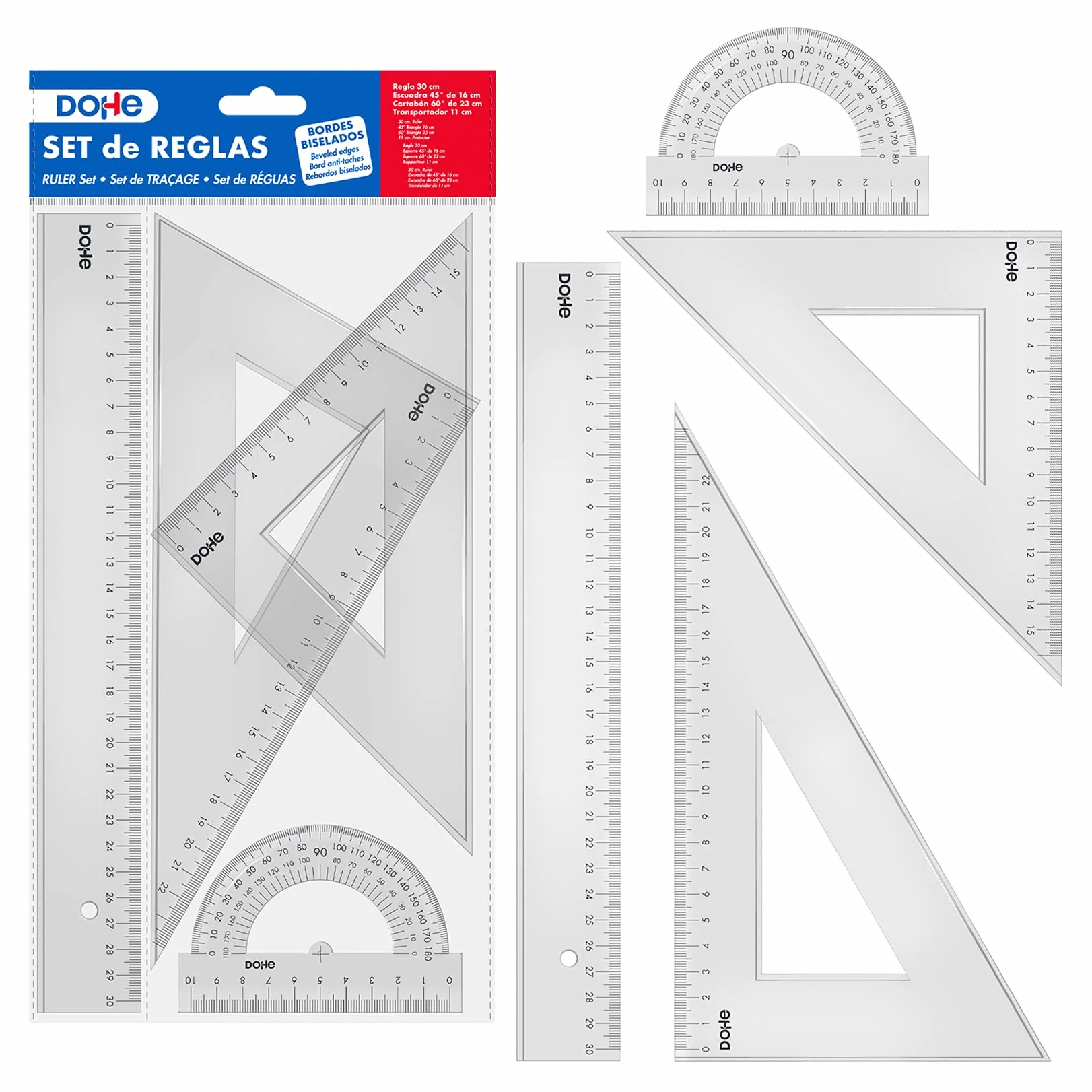Pack Reglas Escolares - Regla 30 cm, Escuadra, Cartabón y Transportador de Ángulos