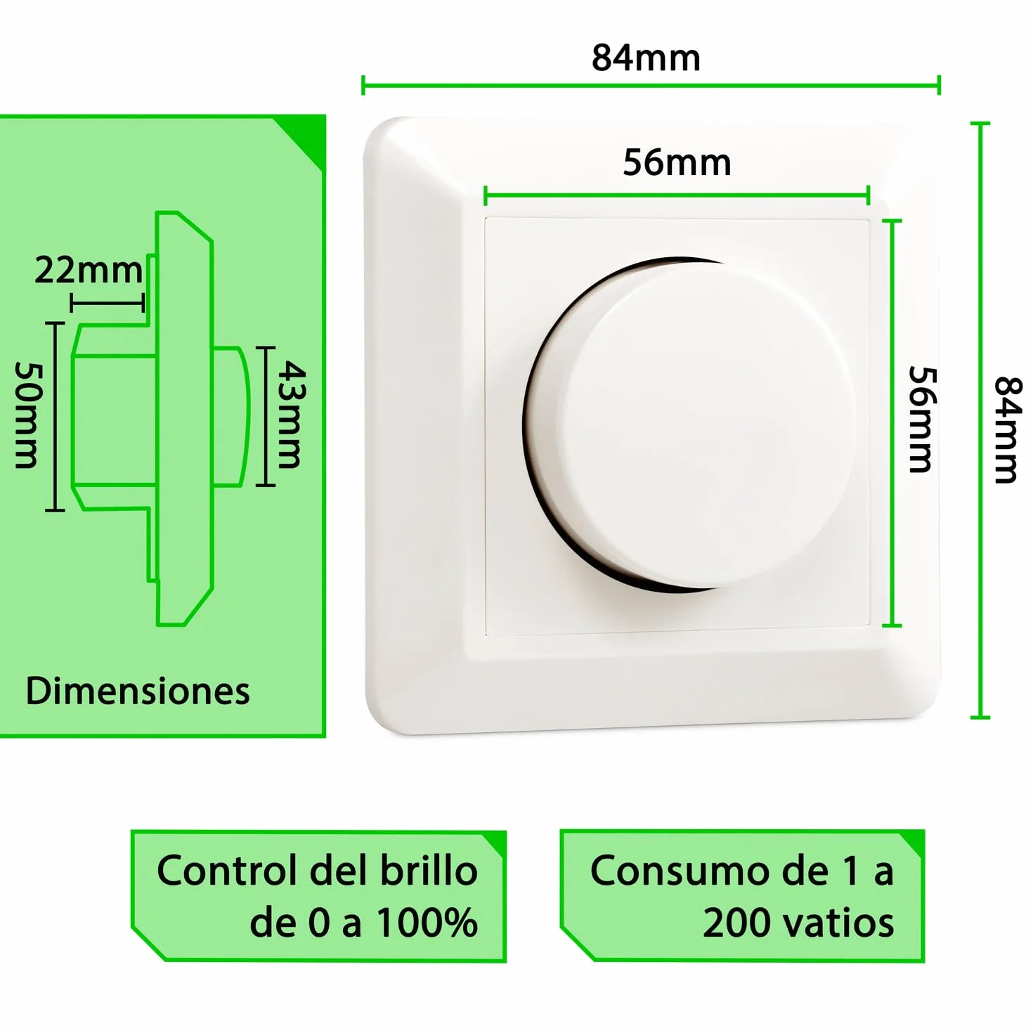 greenandco gc-350 regulador de intensidad LED giratorio | 1-350 W | también adecuado para circuitos con conmutador | función de disparo programable | empotrable | blanco