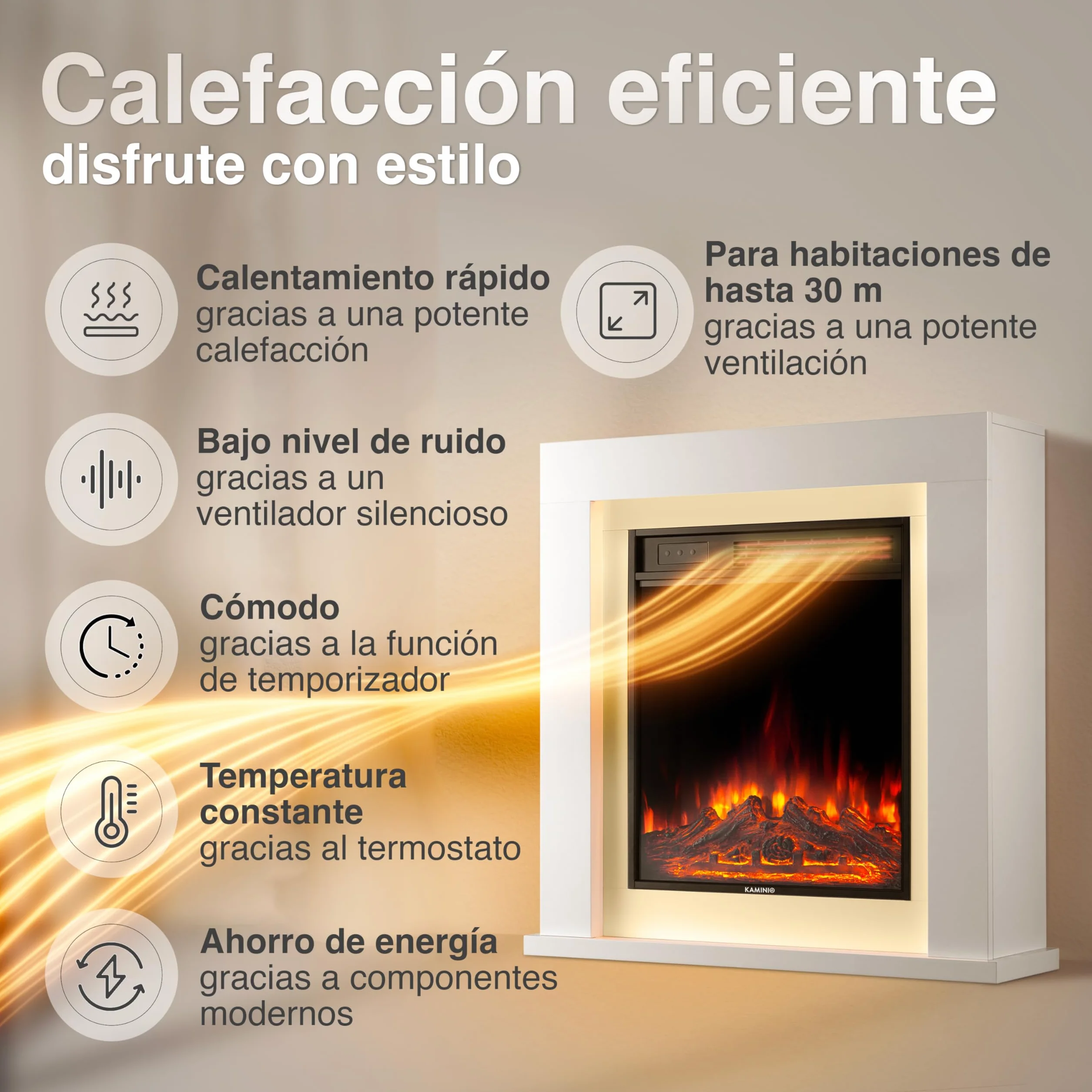 KAMINIO Chimenea eléctrica Matti - Chimenea eléctrica de pie con calefacción, Efecto de Llama 3D, Luz Ambiental LED, Control Remoto - 32 Pulgadas (Blanco)
