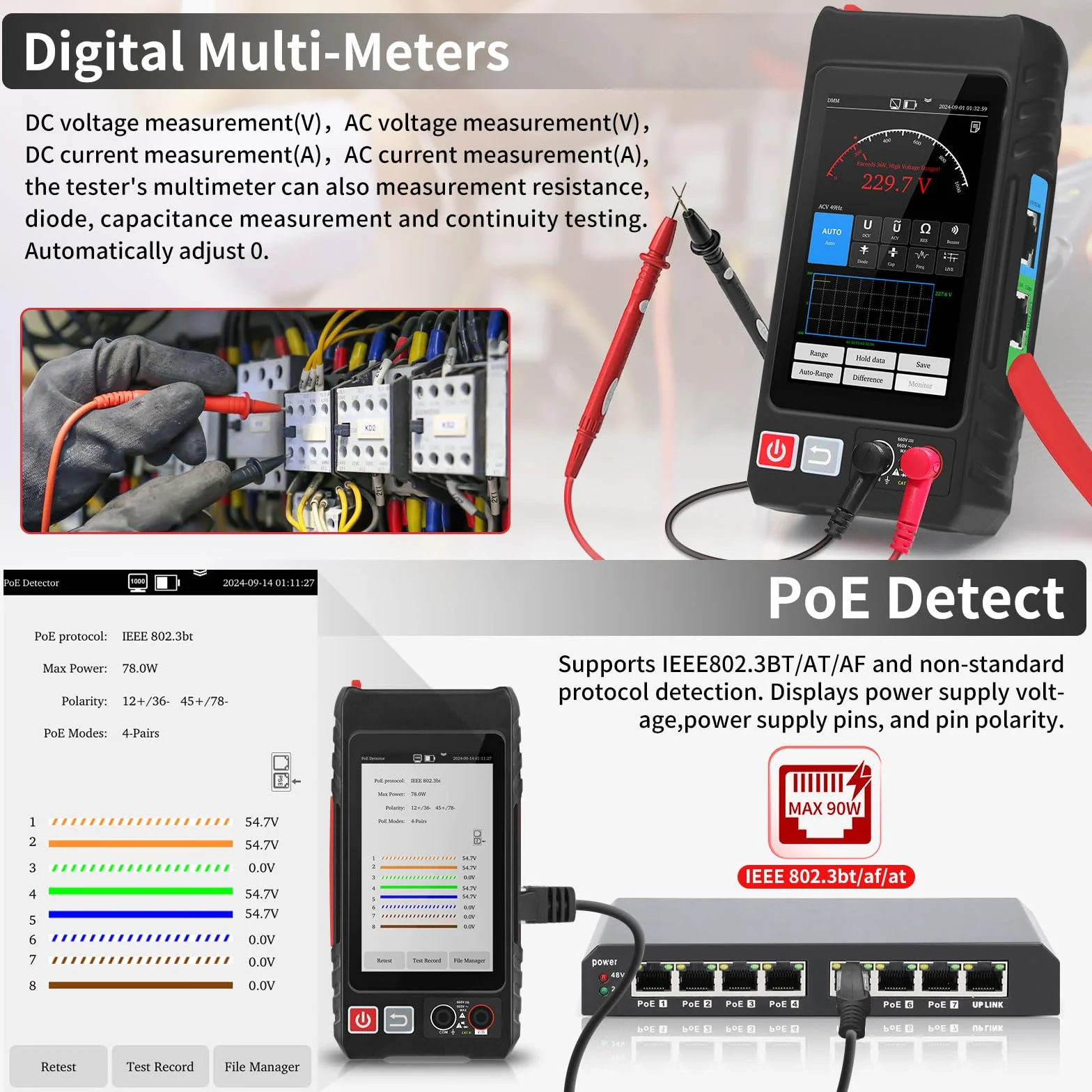 Henkion Comprobador de cables de red RJ45 Probador de cables UTP, Rastreador de cables Ethernet, pantalla táctil IPS de 4 pulgadas, compatible con herramientas de red, multímetro digital, VFL, OPM