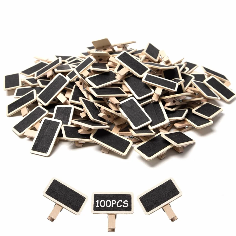 Mini Pizarra de Madera con Pinza 100 Piezas Negro Clips de Pizarra para Etiquetas Alimentarias