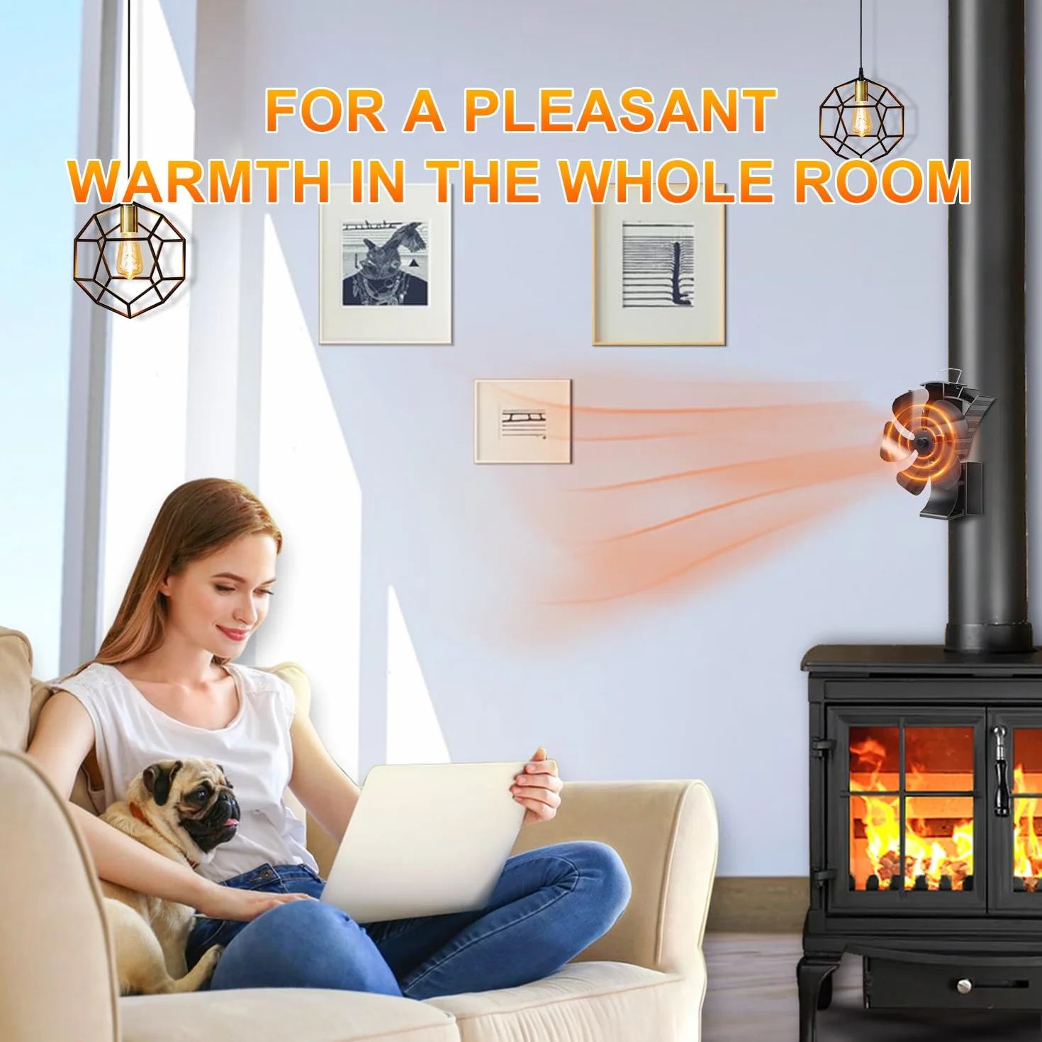 Ventilador de estufa sin electricidad, silencioso, para chimenea y madera (tubo de estufa, tubo de chimenea, 5 hojas)