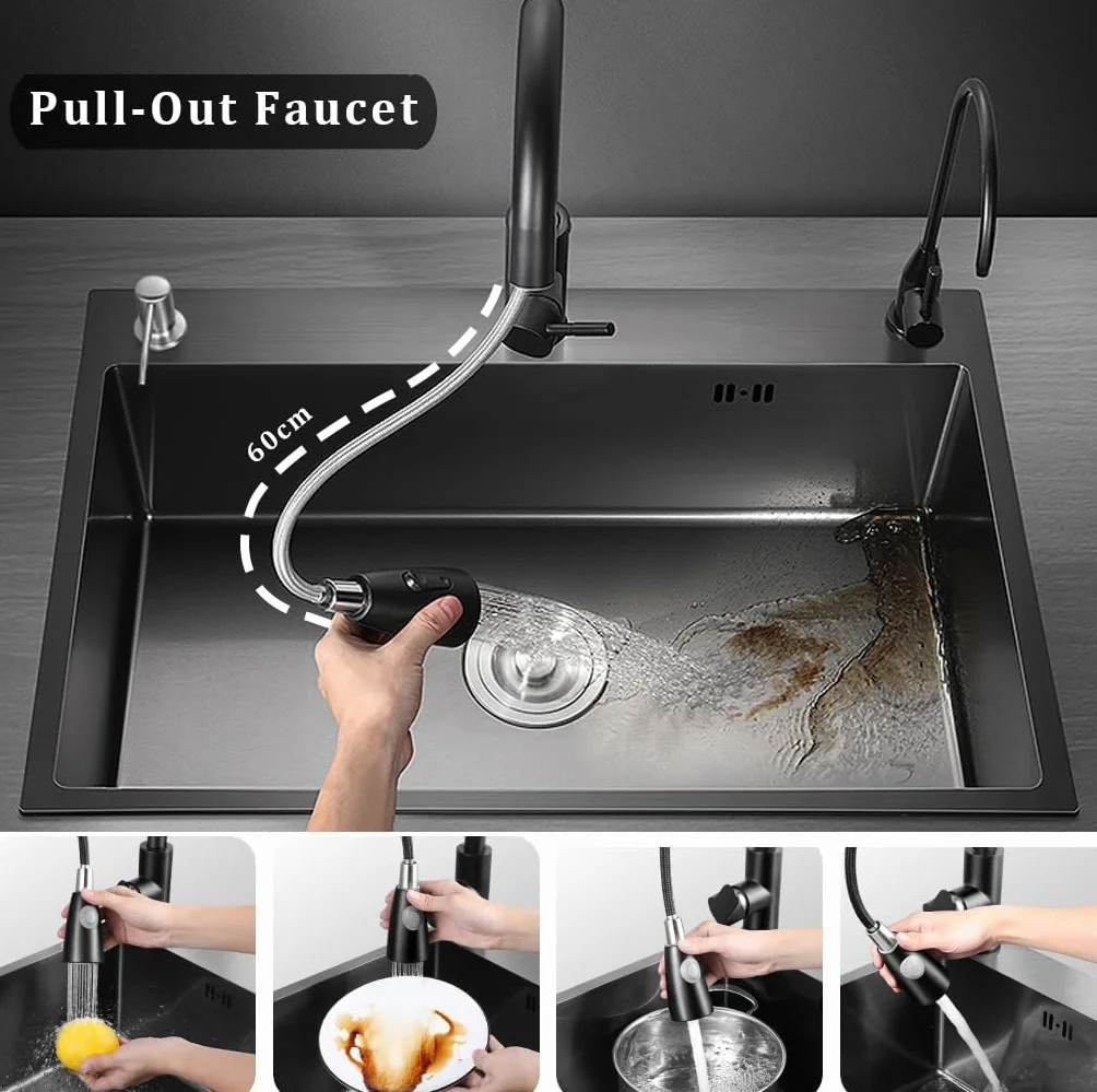 Fregadero Cocina Negro 50 x 45cm, Fregadero Cocina en Acero Inoxidable, Fregadero Bajo o Sobre Encimera Con grifo extraíble/dispensador de jabón/escurreplatos/grifo de agua purificada (Negro, 50x45cm)