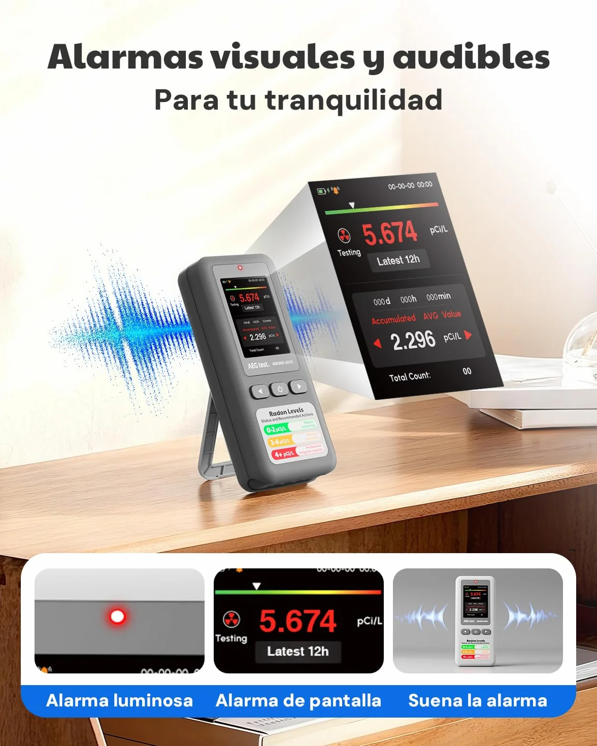 Detector de radón portátil HOUND-1011S, Sensor de Alta precisión para el hogar, Alarmas sonoras y visuales