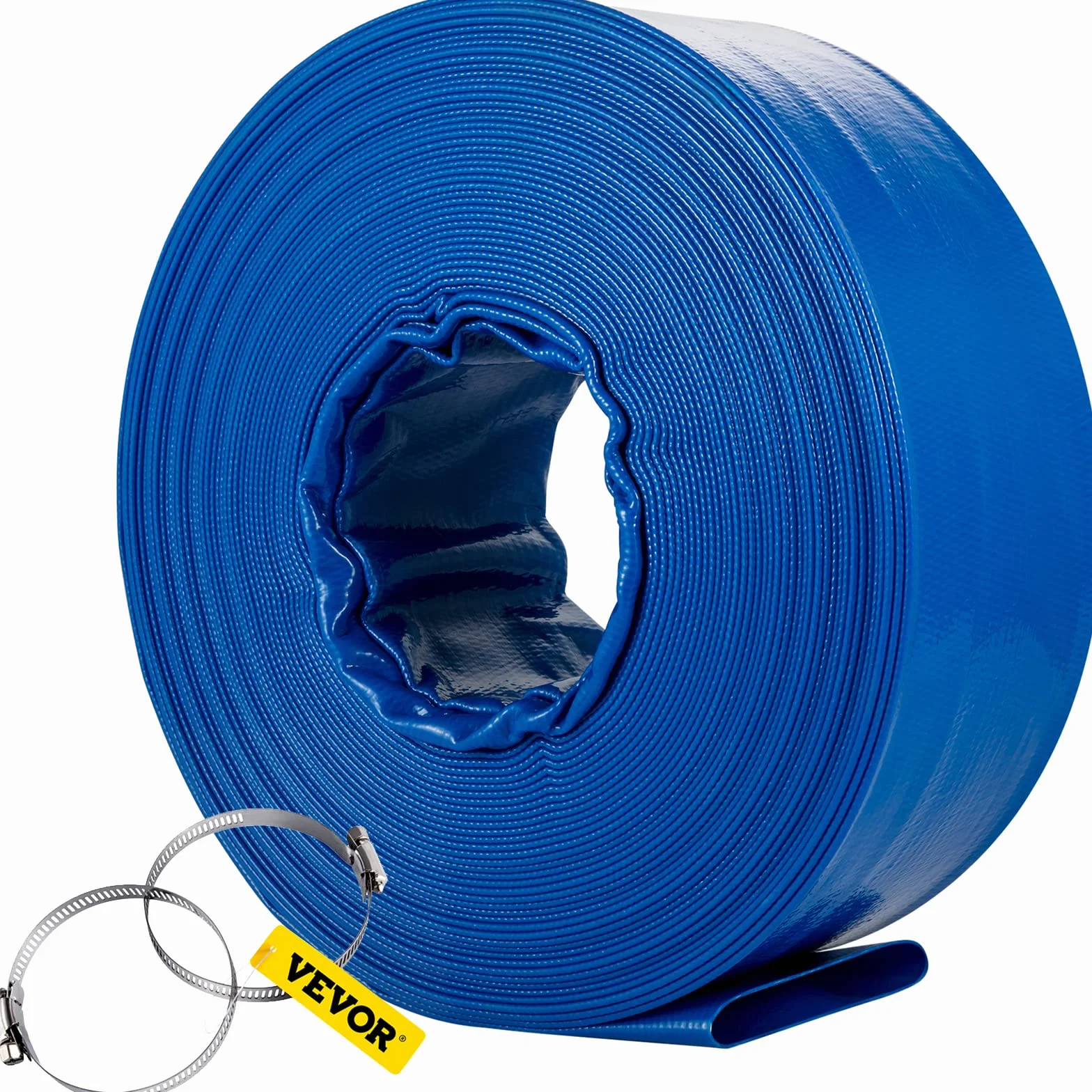 VEVOR Manguera de Descarga Manguera Plana de Tela de PVC de 38 mm x 30,5 m, Manguera de Drenaje Resistente con Abrazaderas, Resistente a la Intemperie para Piscina y Transferencia de Agua, Azul