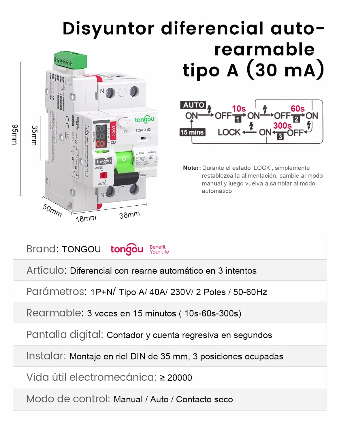 TONGOU Diferencial Auto Rearmable, Diferencial 40A 30mA, Tipo A 1P+N 230V, Diferencial Superinmunizado Rearmable, Aplicable a Viviendas Familiares, Edificios Comerciales Pequeños, etc